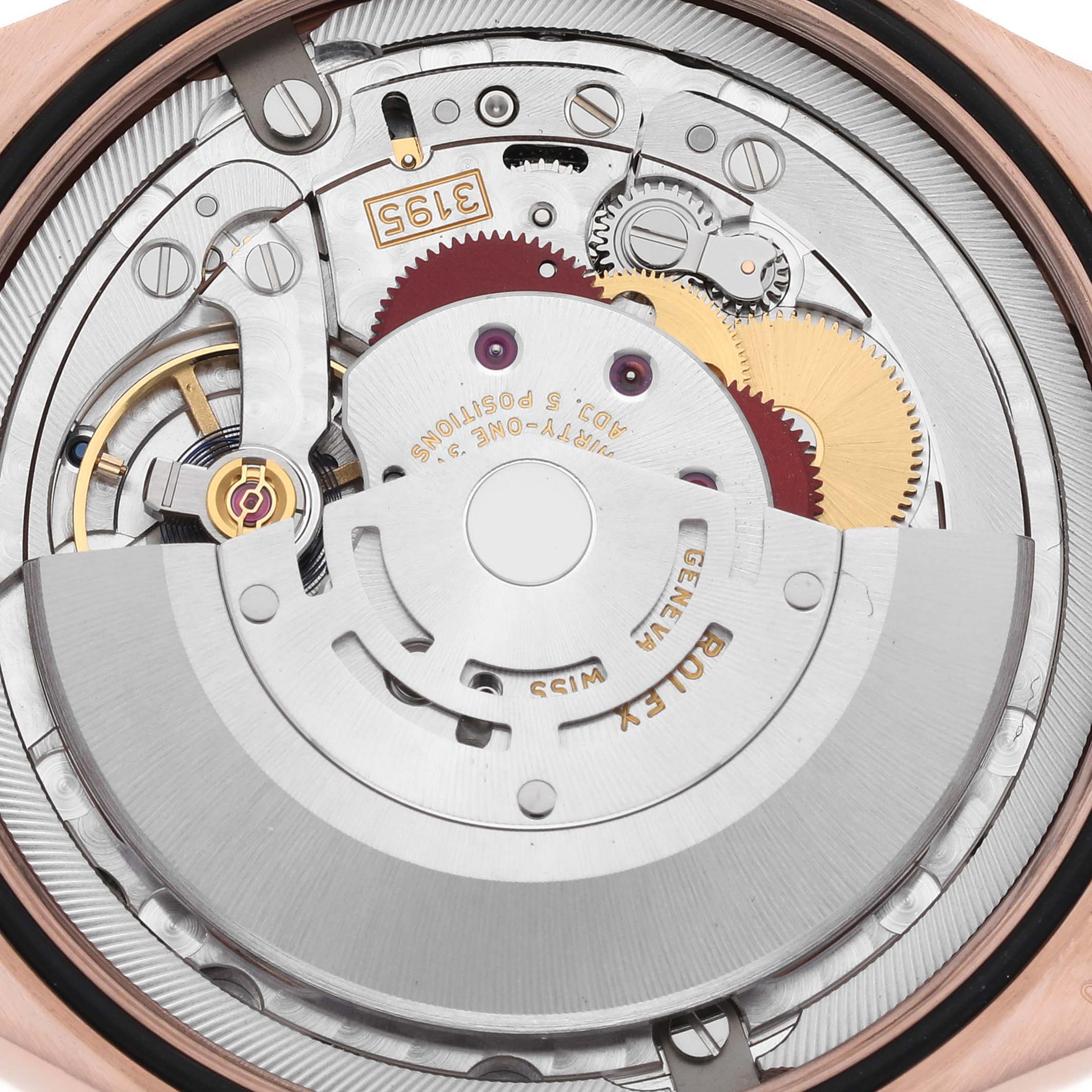 The image shows the movement and internal mechanisms of the Rolex Cellini 50535 Men's Rose Gold White Dial 50535 Men's Rose Gold White Dial watch from a back angle.
