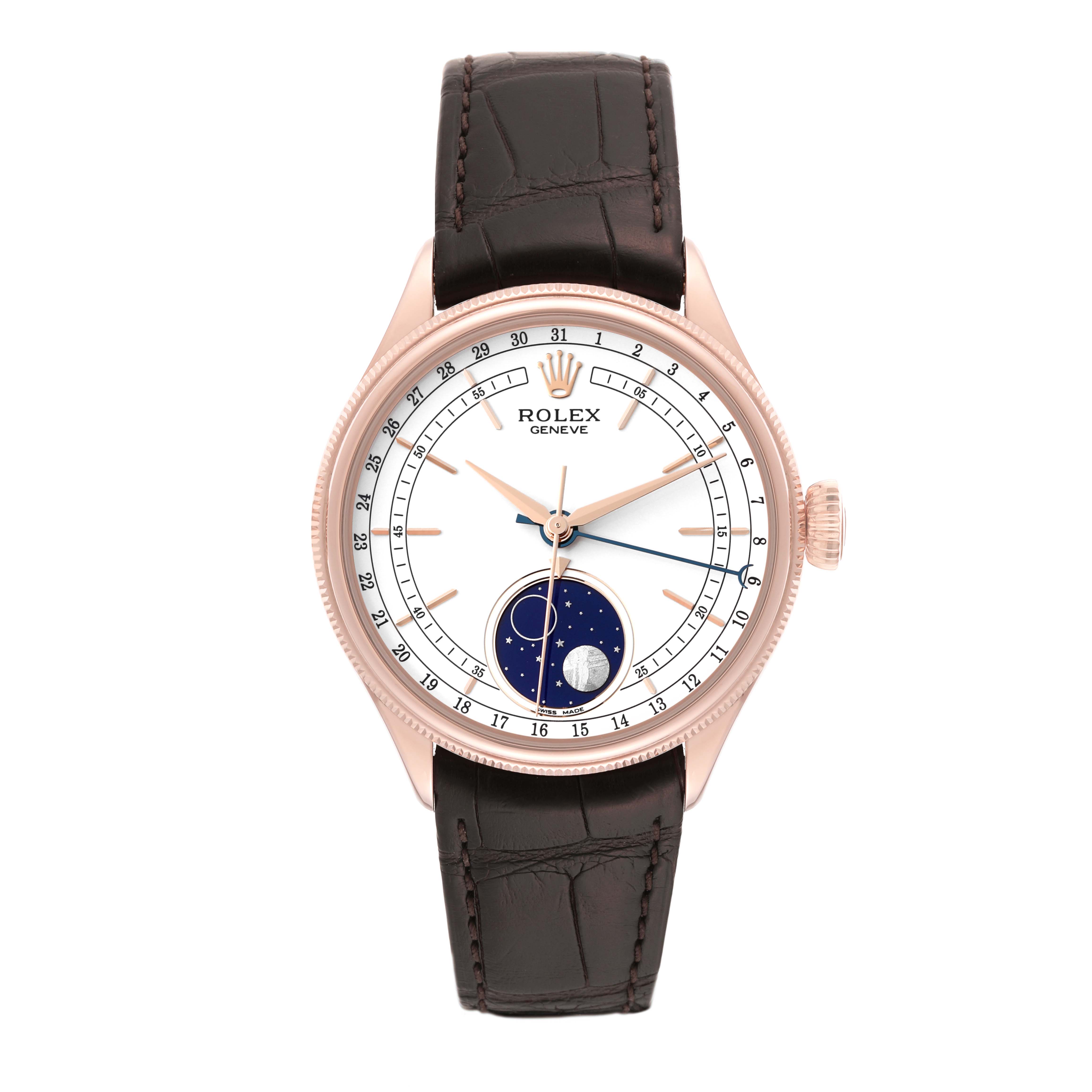 The Rolex Cellini 50535 Men's Rose Gold White Dial 50535 Men's Rose Gold White Dial watch is shown from a front angle, displaying its dial, hands, bezel, crown, and leather strap.