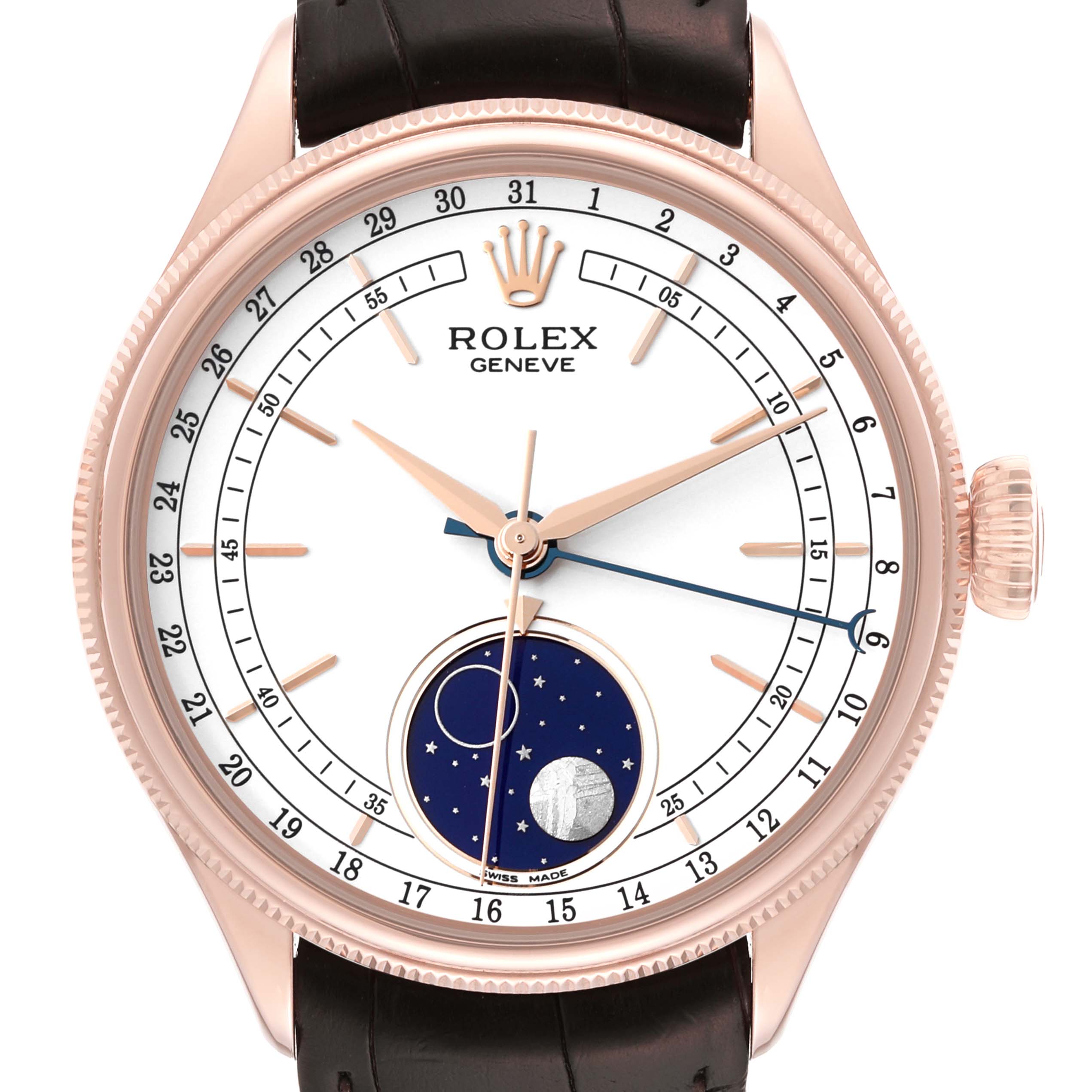 The image shows a close-up of the Rolex Cellini 50535 Men's Rose Gold White Dial 50535 Men's Rose Gold White Dial watch, highlighting the dial with moon phase and time indicators.