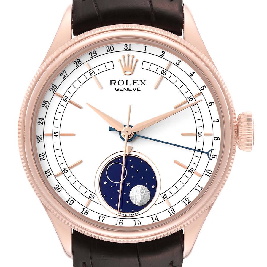 Rolex Cellini Moonphase White Dial Rose Gold Mens Watch 50535 Box Card SwissWatchExpo