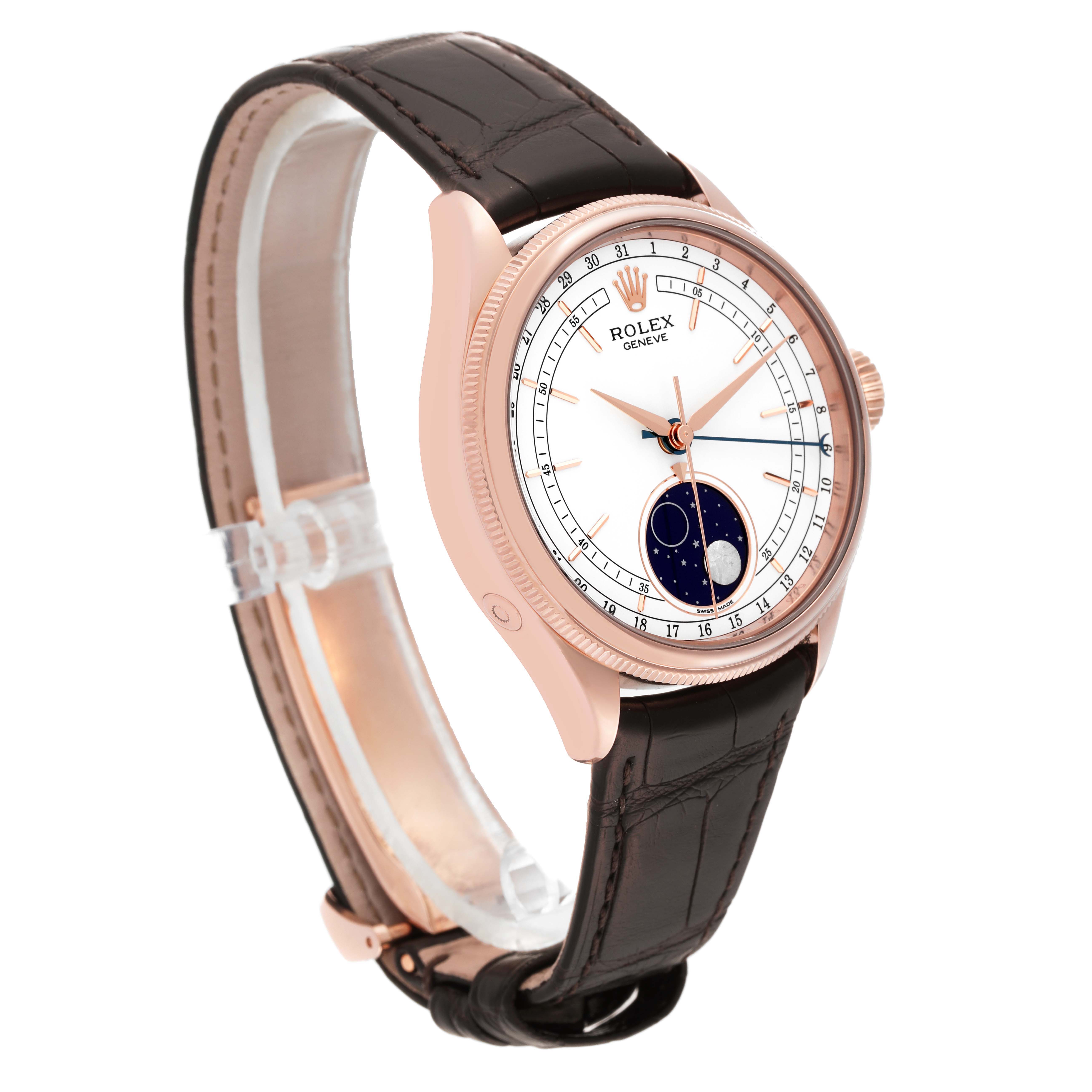 The image shows a side and front view of a Rolex Cellini 50535 Men's Rose Gold White Dial 50535 Men's Rose Gold White Dial watch, featuring a leather strap and a rose gold case with a moonphase complication.