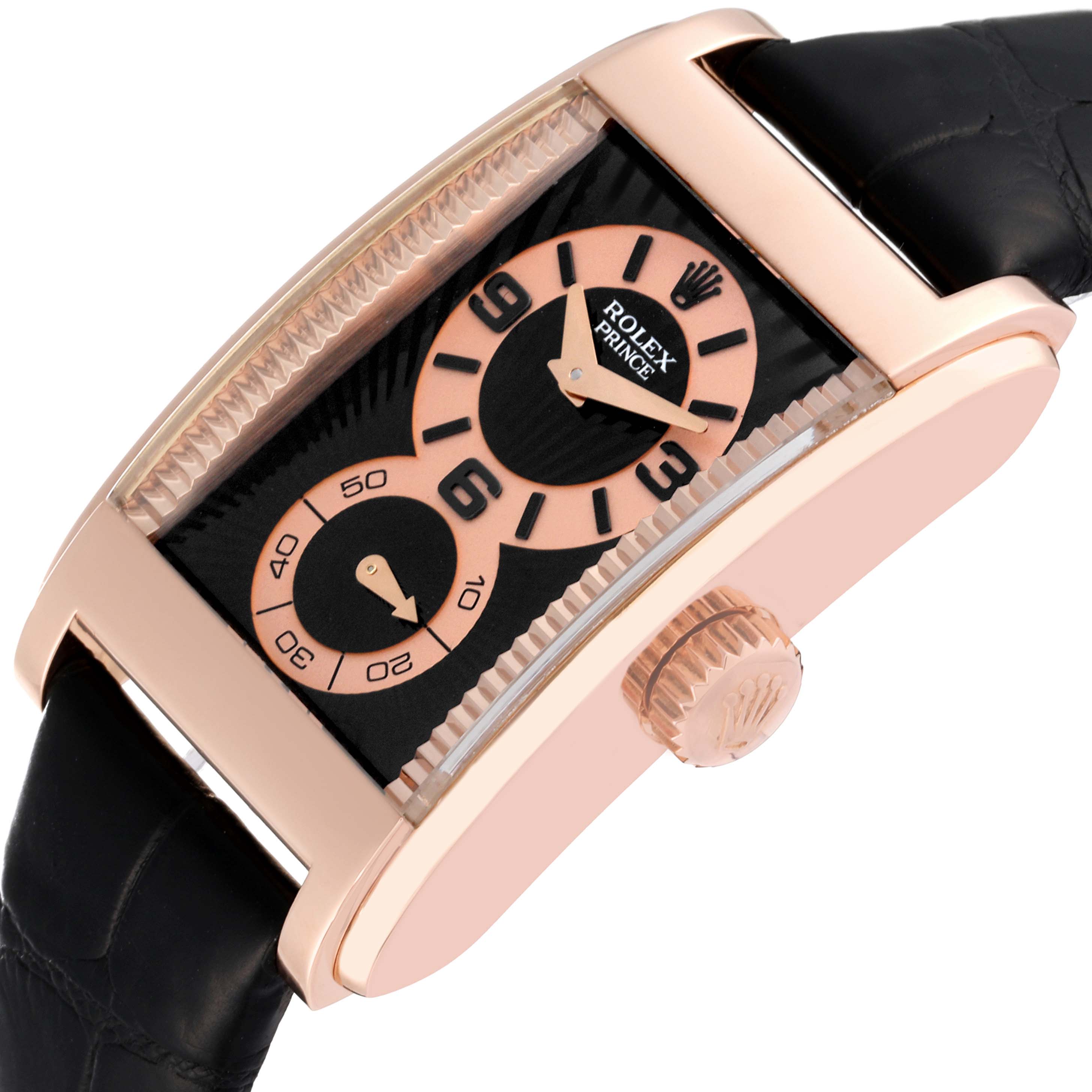 The Rolex Cellini 5442 Men
s Rose Gold Black Dial 5442 Men
s Rose Gold Black Dial watch is shown at an angle highlighting the dial, crown, and part of the black leather strap.