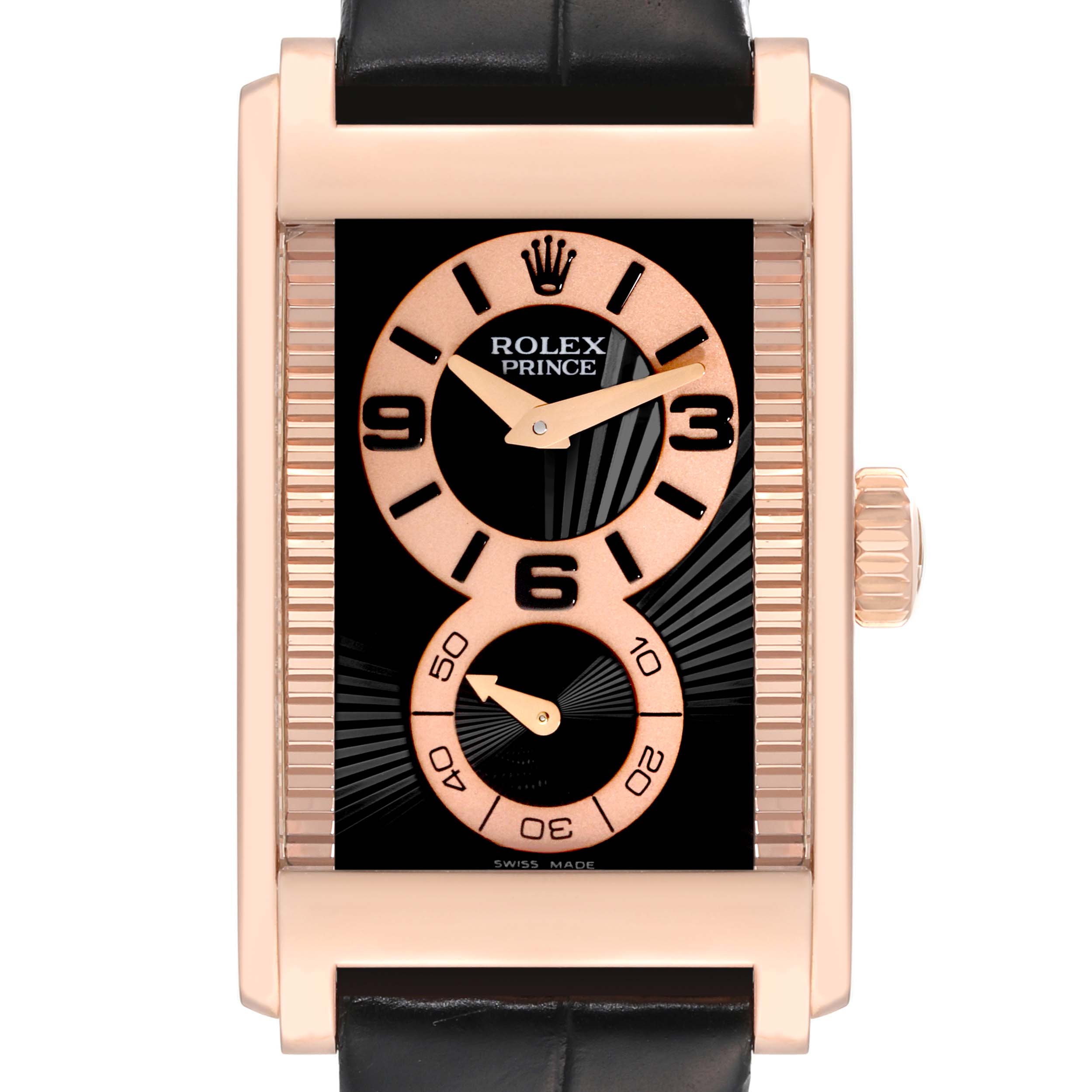 The image shows a frontal view of the Rolex Cellini 5442 Men
s Rose Gold Black Dial 5442 Men
s Rose Gold Black Dial Prince watch, highlighting its face, crown, and strap.