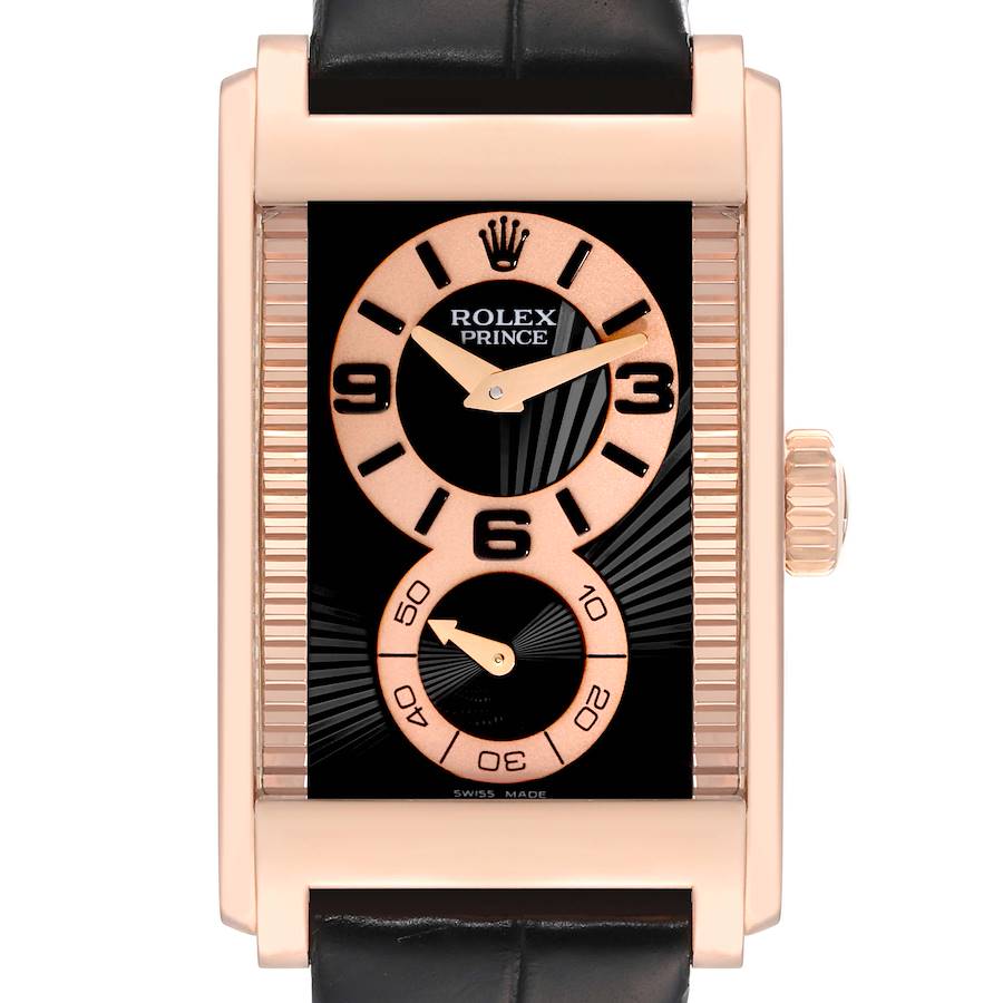 The image shows a frontal view of the Rolex Cellini Prince watch, highlighting its face, crown, and strap.