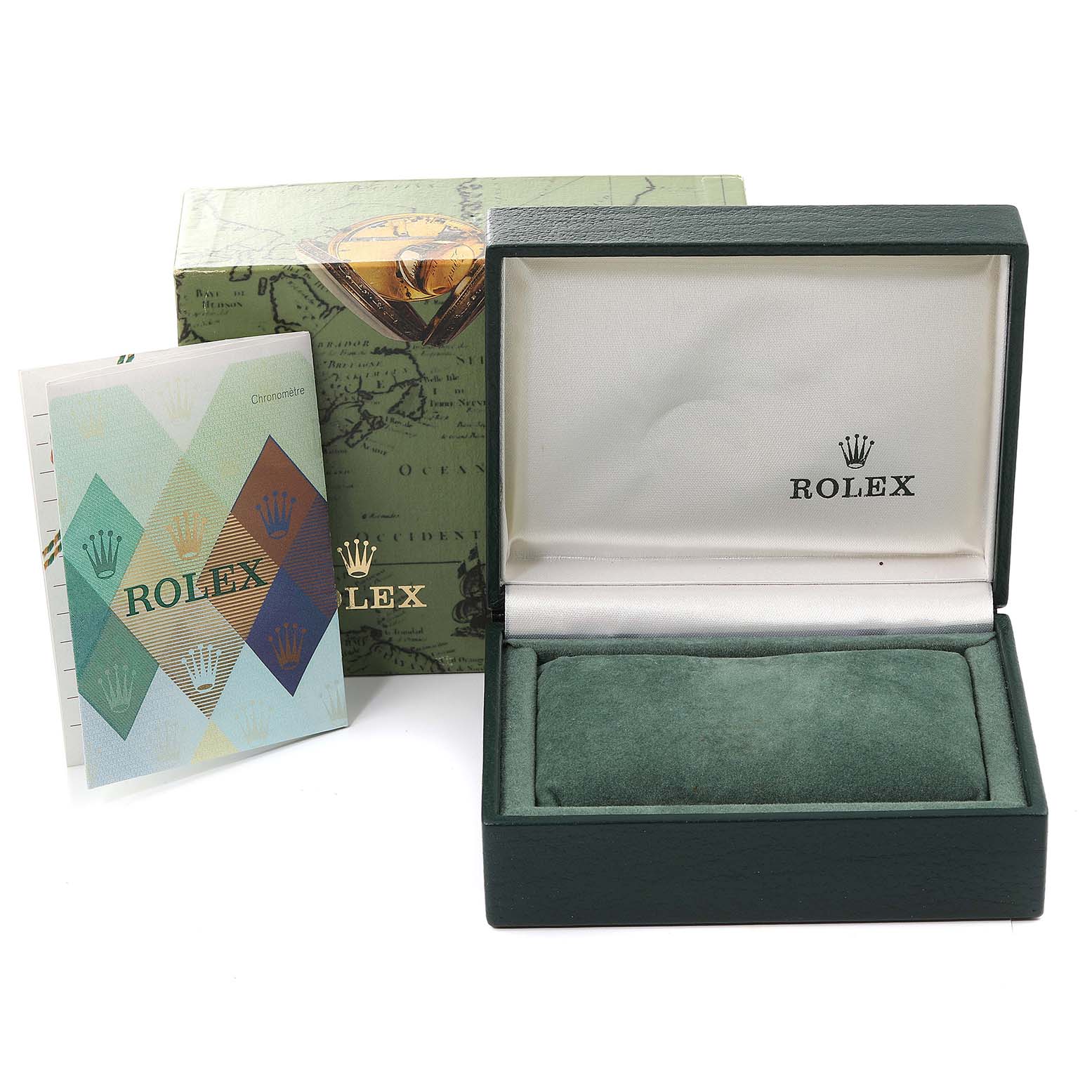 The image shows the open green Rolex watch box, accompanying manual, and outer box for the Rolex Date 79160 Women's Stainless Steel Pink Dial 79160 Women's Stainless Steel Pink Dial model.