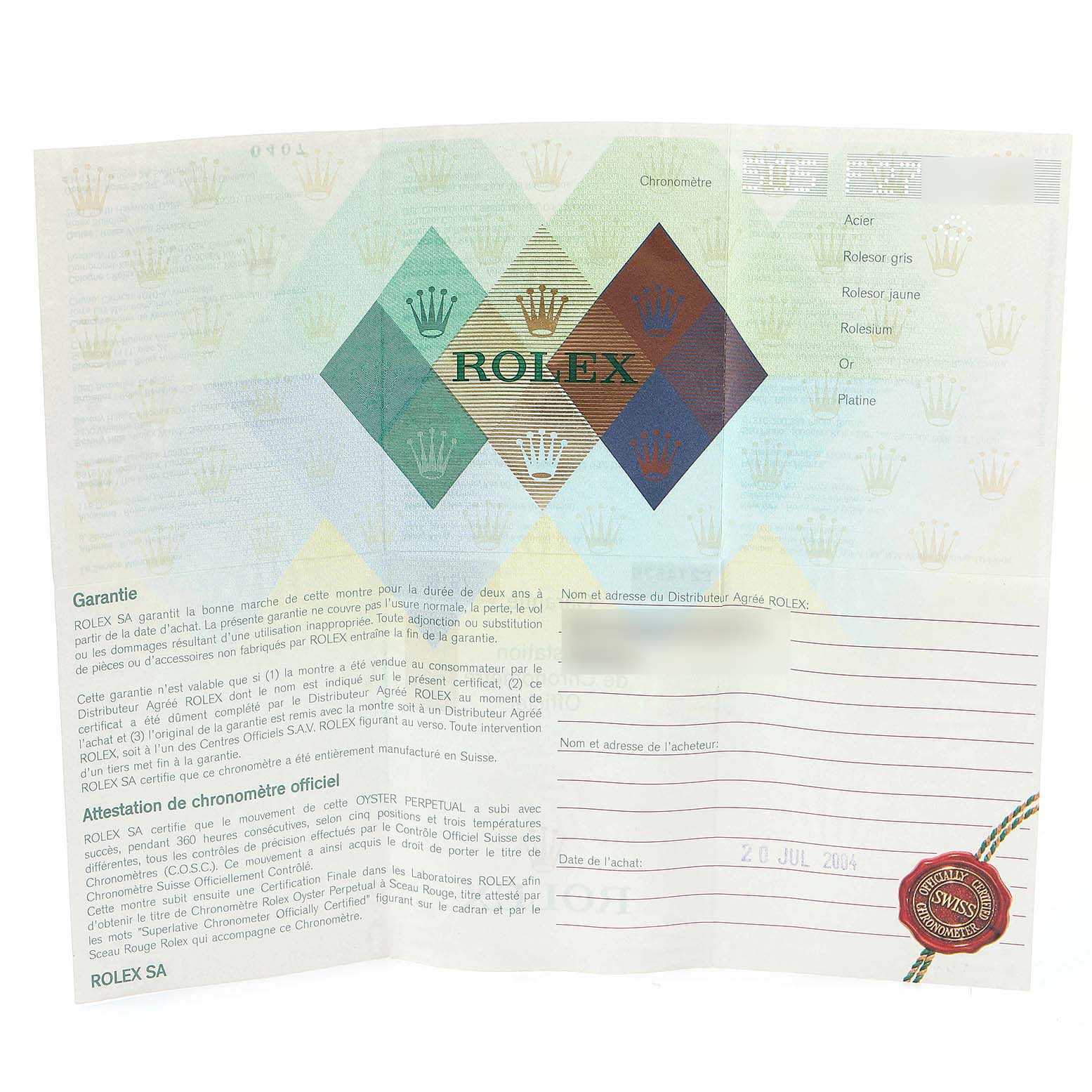 This image shows a Rolex warranty certificate for a Date model.