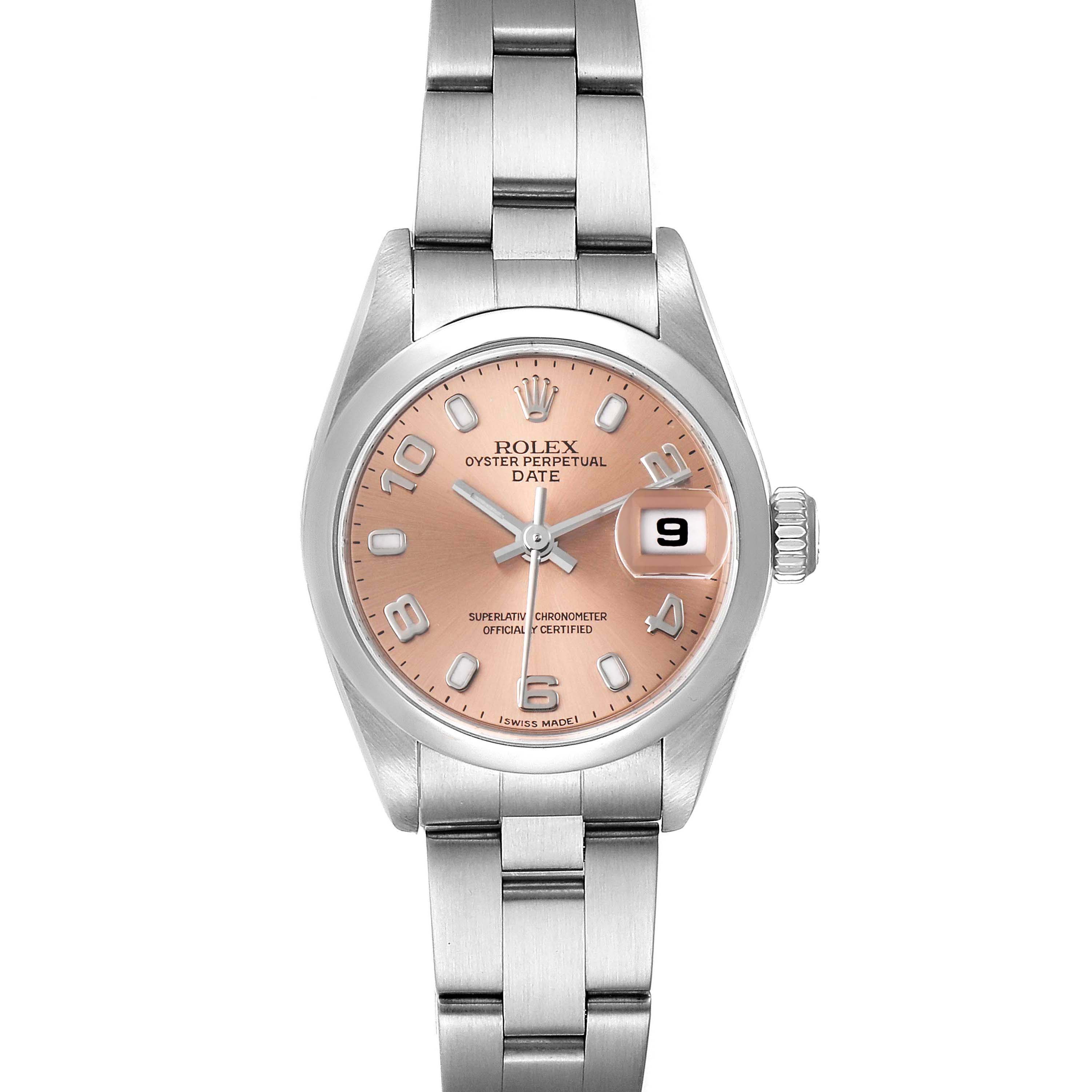 The Rolex Date 79160 Women's Stainless Steel Pink Dial 79160 Women's Stainless Steel Pink Dial model is shown from a straight-on angle, highlighting the face, bracelet, crown, and date magnifier.