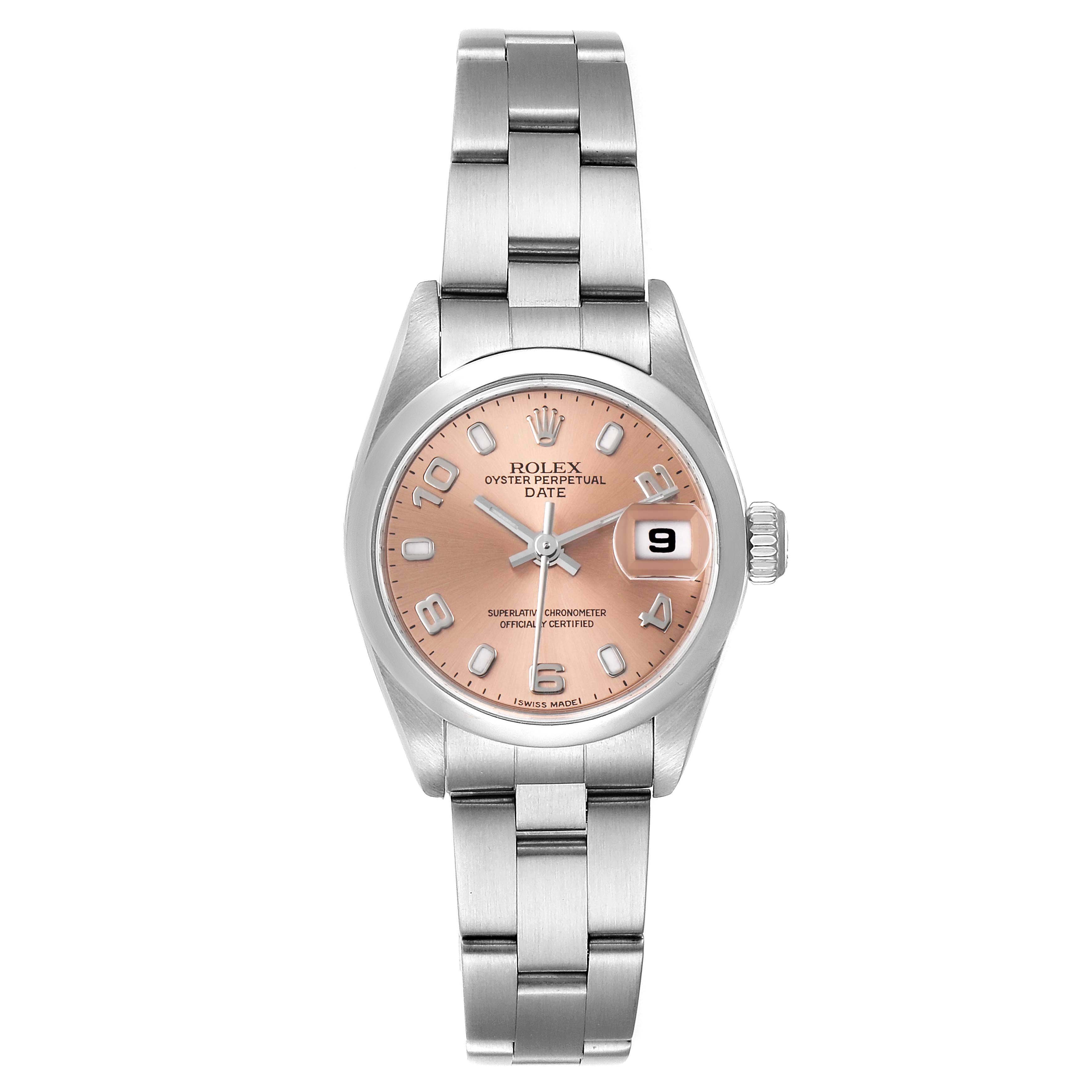 The image shows a front view of the Rolex Date 79160 Women's Stainless Steel Pink Dial 79160 Women's Stainless Steel Pink Dial model watch, highlighting its dial, bracelet, and date feature.