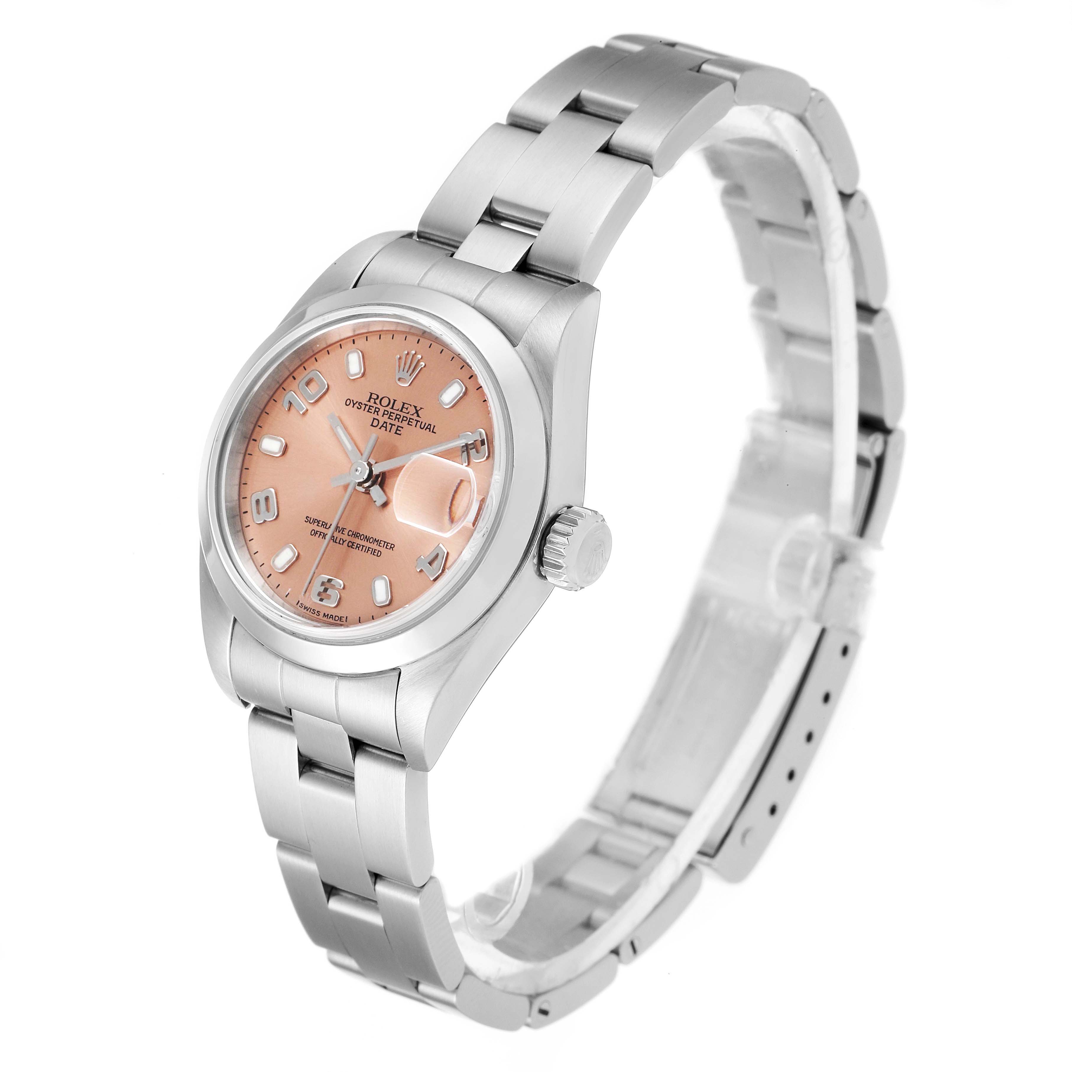 The Rolex Date 79160 Women's Stainless Steel Pink Dial 79160 Women's Stainless Steel Pink Dial model watch is shown at an angle displaying its face, crown, and stainless steel bracelet.
