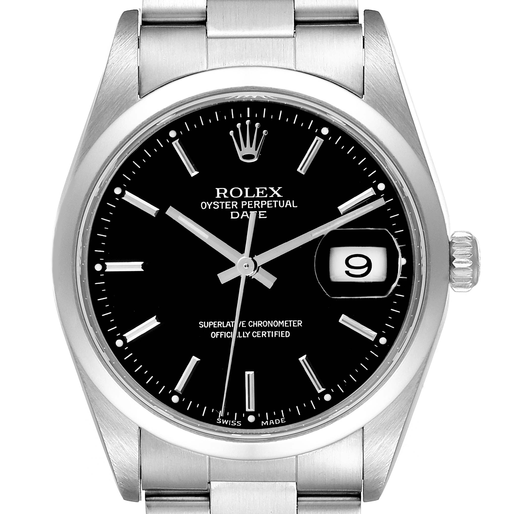 The image shows a front view of a Rolex Oyster Perpetual Date watch, displaying the dial, hands, crown, and bracelet.