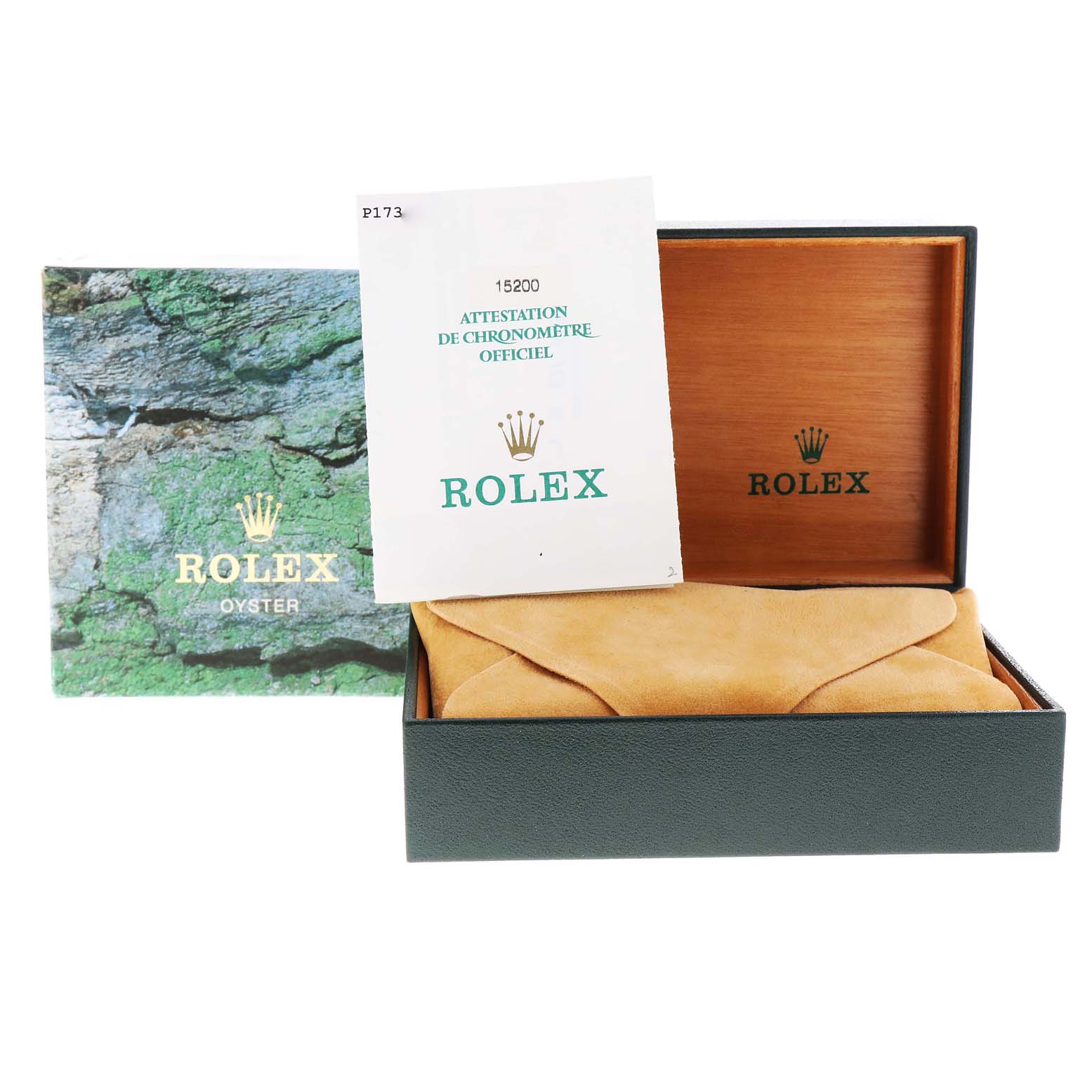 The image shows the packaging, warranty paper, and box for a Rolex Date 15200 Men's Stainless Steel Black Dial 15200 Men's Stainless Steel Black Dial model watch.