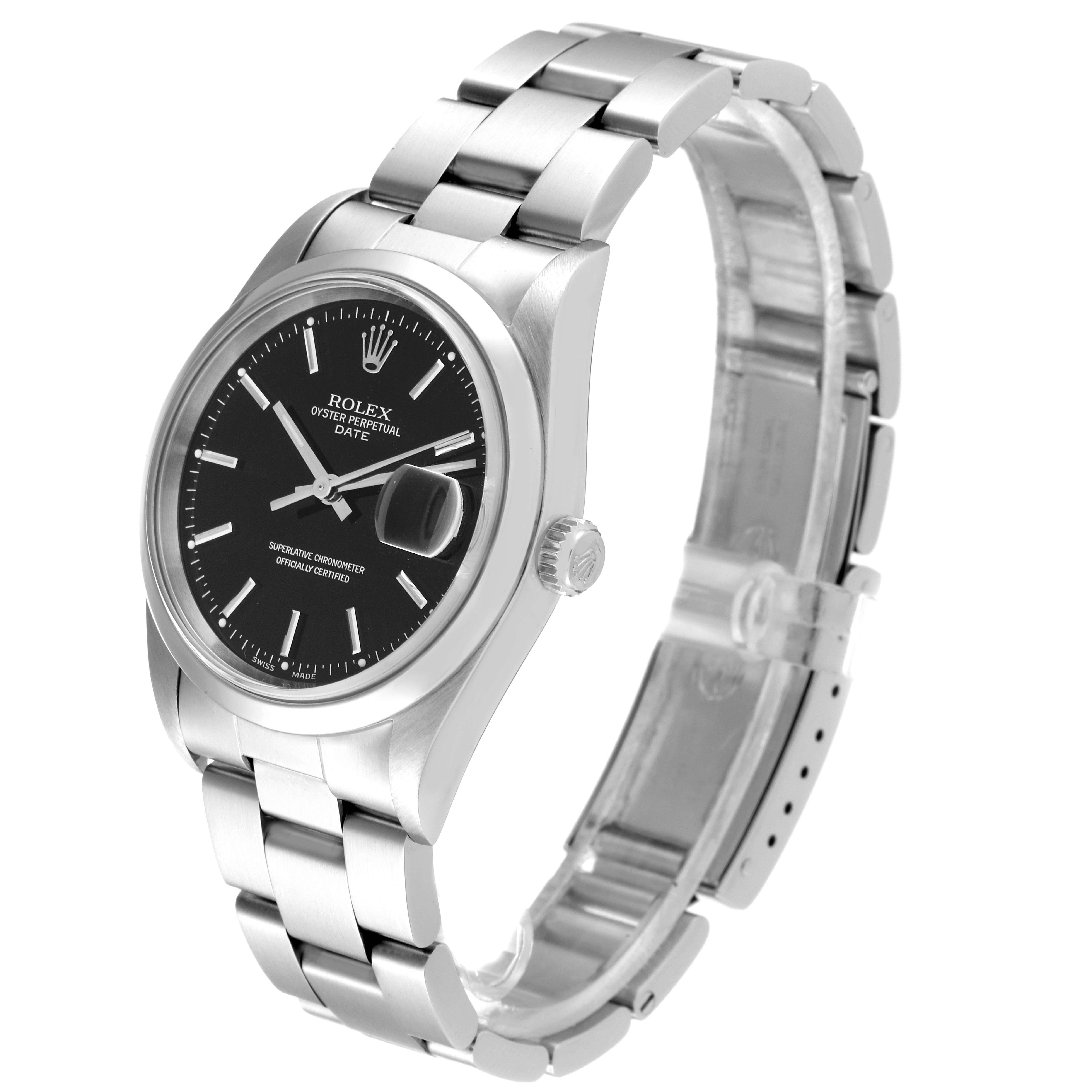 The image shows a Rolex Date 15200 Men's Stainless Steel Black Dial 15200 Men's Stainless Steel Black Dial model watch angled slightly from the front, highlighting the face, bezel, bracelet, and clasp.