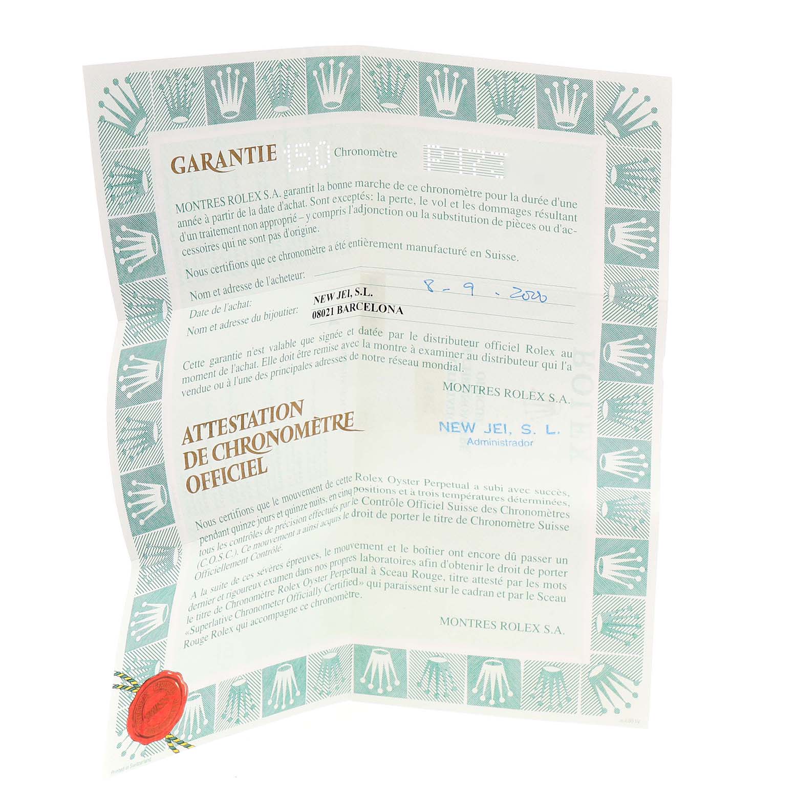 The image shows a certificate for the Rolex Date 15200 Men's Stainless Steel Black Dial 15200 Men's Stainless Steel Black Dial model, detailing its authenticity and warranty information.