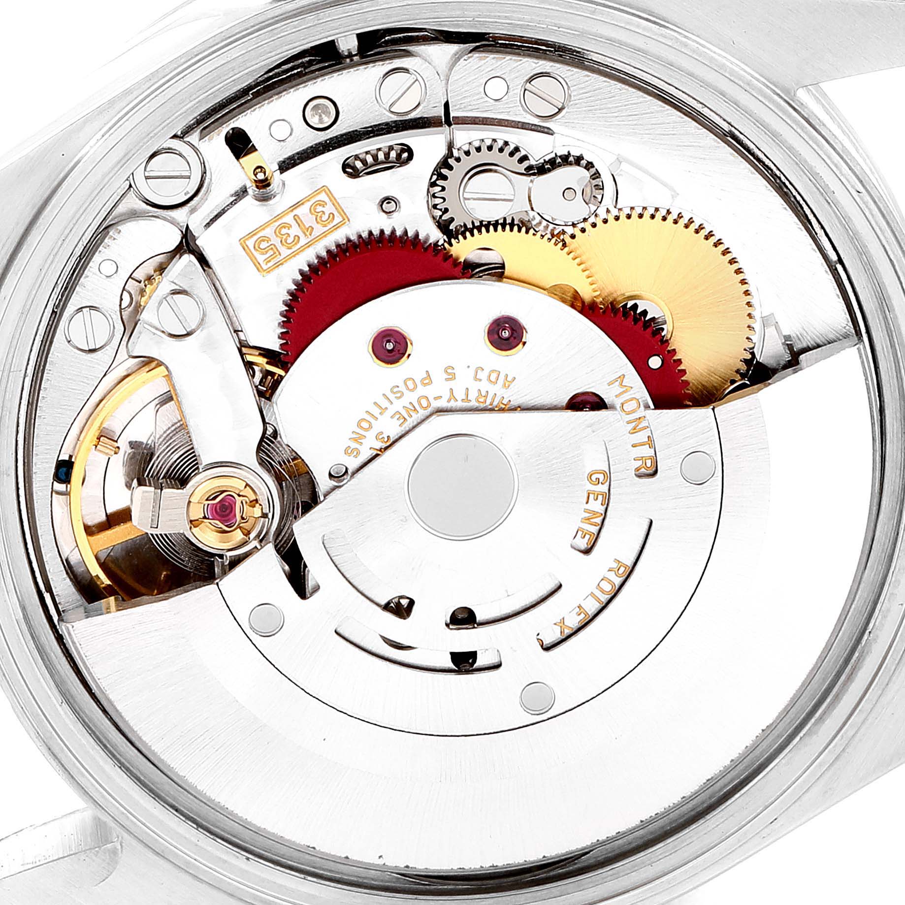 The image shows the intricate internal mechanism of a Rolex Date 15200 Men's Stainless Steel Black Dial 15200 Men's Stainless Steel Black Dial model watch, viewed from the back.