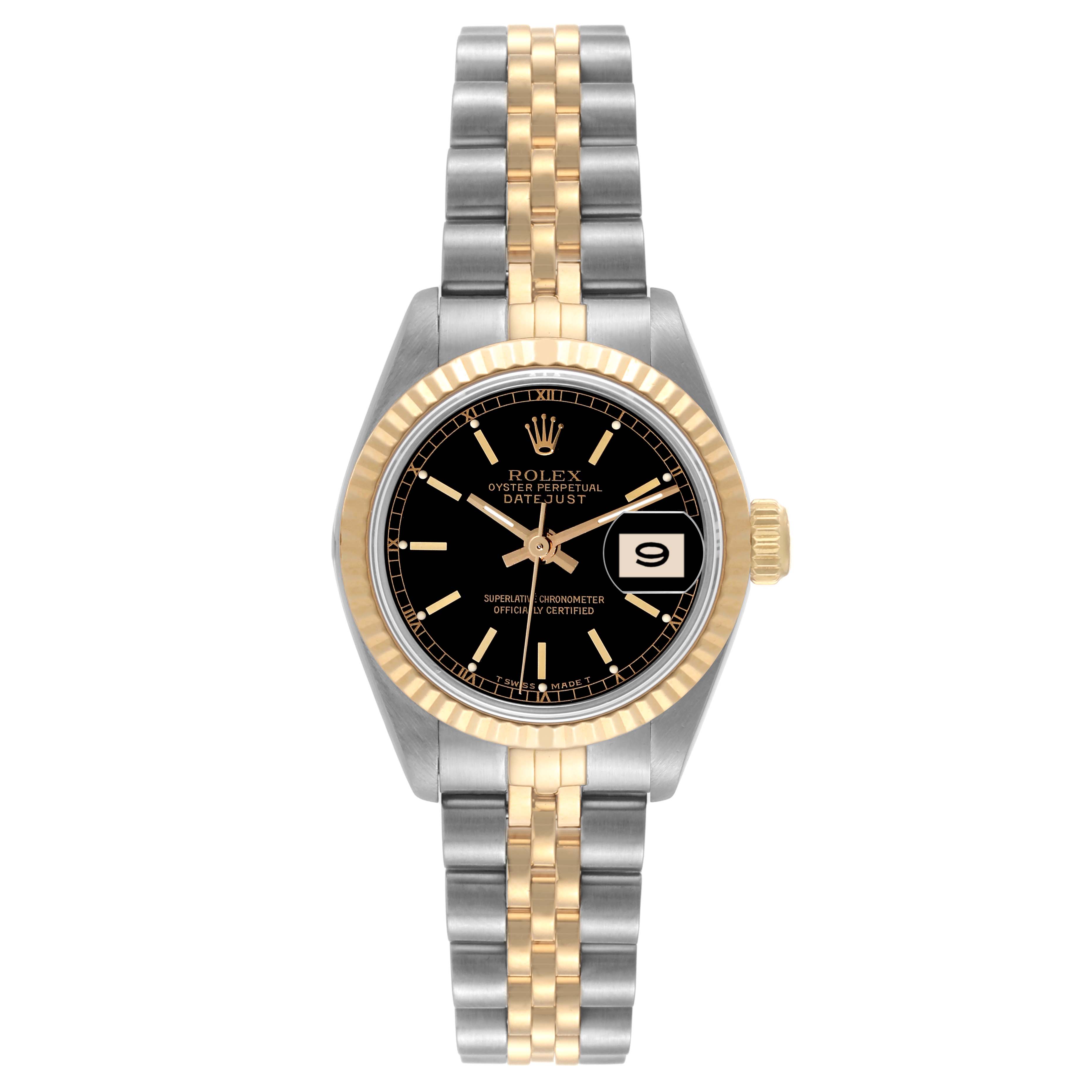 The image shows a Rolex Datejust 69173 Women's Steel and Gold (two tone) Black Dial 69173 Women's Steel and Gold (two tone) Black Dial watch from a straight-on angle, highlighting the dial, bezel, and two-tone bracelet.
