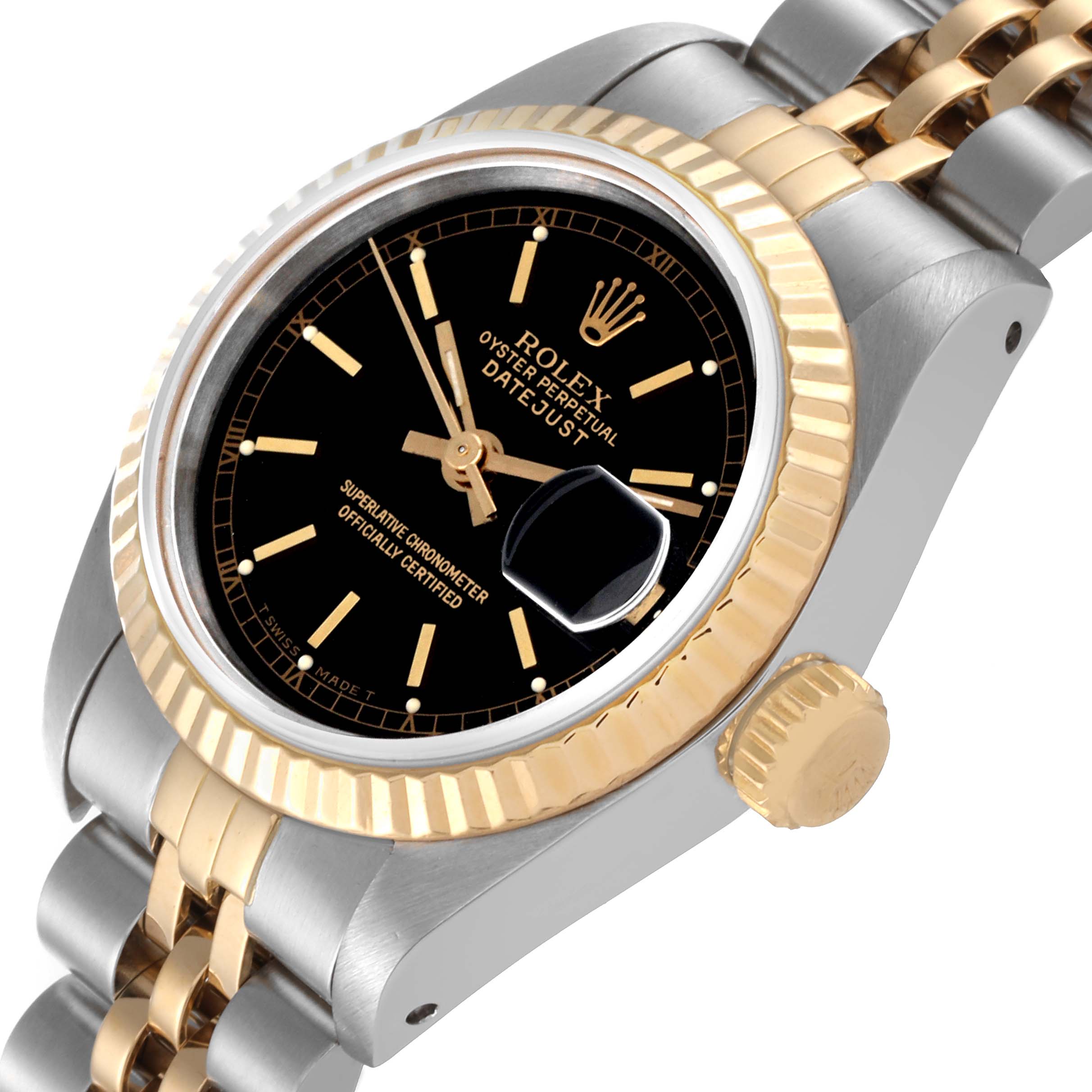 The image shows a close-up angle of a Rolex Datejust 69173 Women's Steel and Gold (two tone) Black Dial 69173 Women's Steel and Gold (two tone) Black Dial watch, highlighting the dial, bezel, crown, and part of the bracelet.