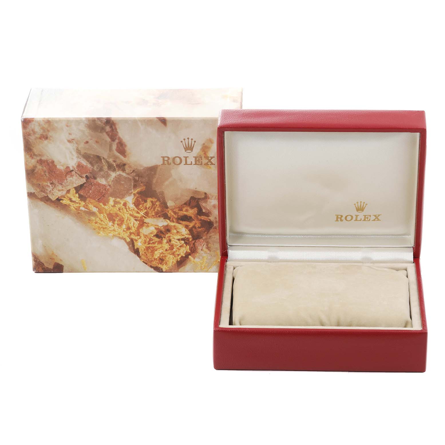 The image shows a Rolex Datejust 69173 Women's Steel and Gold (two tone) Black Dial 69173 Women's Steel and Gold (two tone) Black Dial watch box and outer packaging from the front angle, with the watch box open.