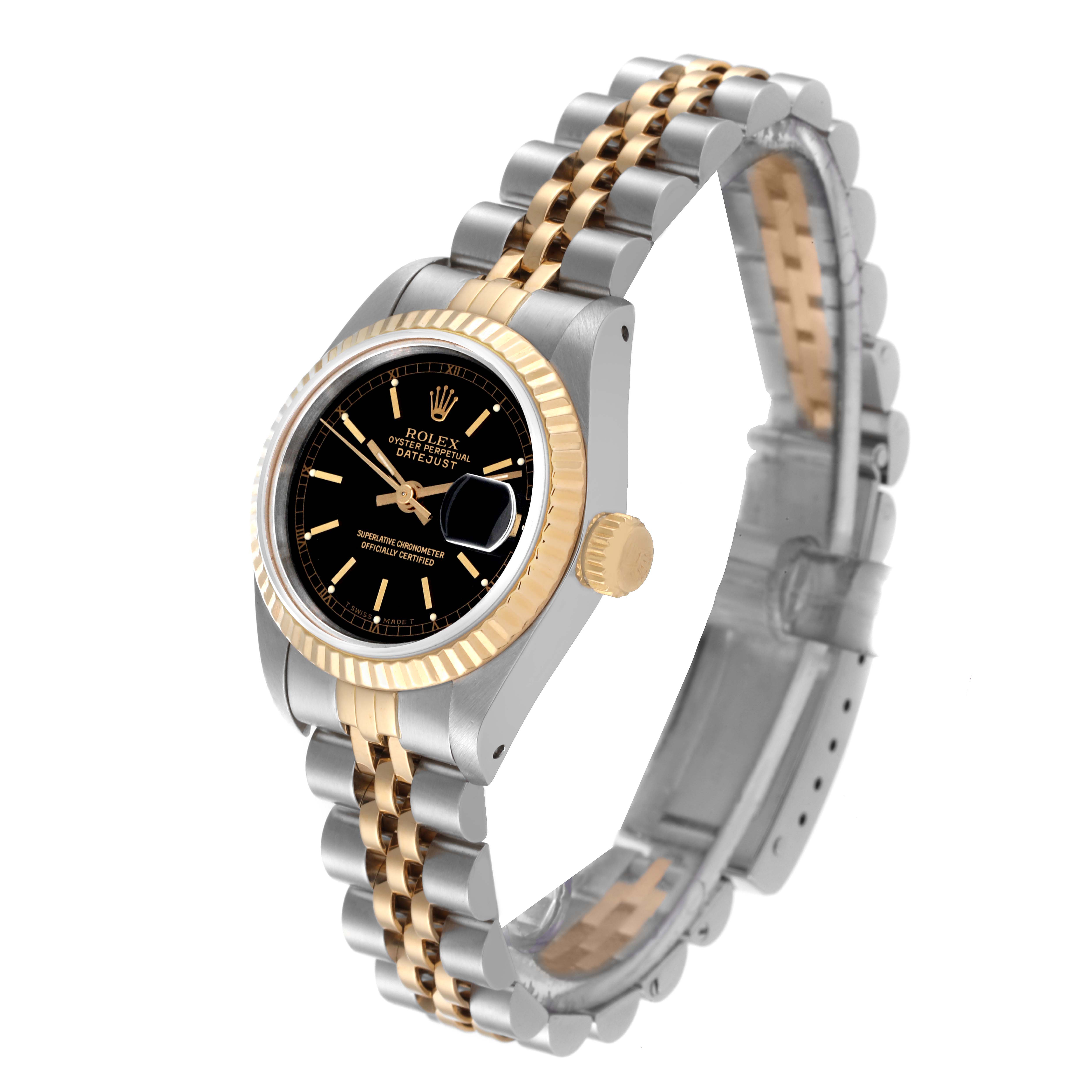 The Rolex Datejust 69173 Women's Steel and Gold (two tone) Black Dial 69173 Women's Steel and Gold (two tone) Black Dial watch is shown at an angled side view, highlighting the bezel, dial, crown, and dual-tone bracelet.