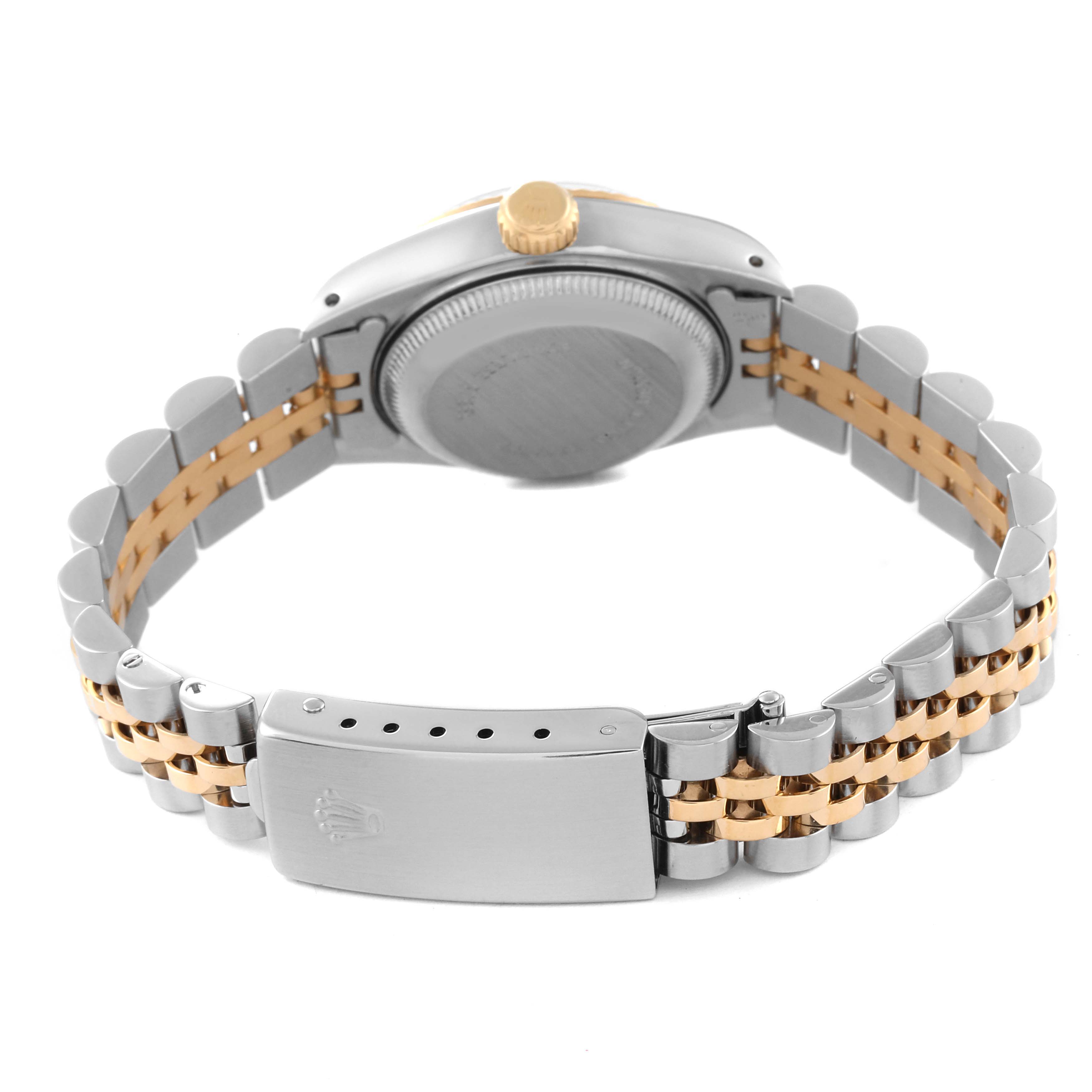 The image shows the back view of the Rolex Datejust 69173 Women's Steel and Gold (two tone) Black Dial 69173 Women's Steel and Gold (two tone) Black Dial watch, highlighting the case back, bracelet, and clasp.