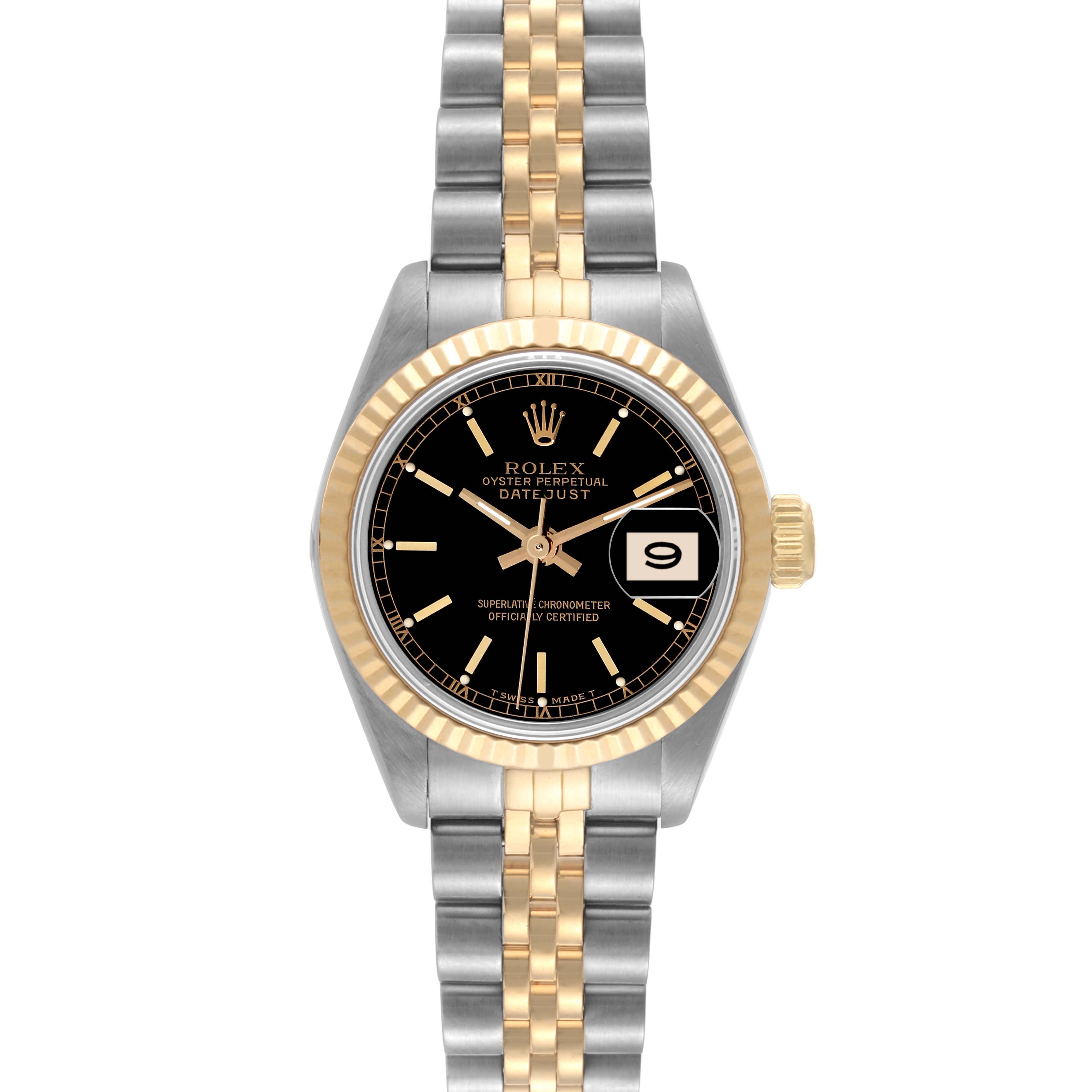 The image shows a front view of the Rolex Datejust 69173 Women's Steel and Gold (two tone) Black Dial 69173 Women's Steel and Gold (two tone) Black Dial watch, highlighting its face, bezel, and two-tone bracelet.