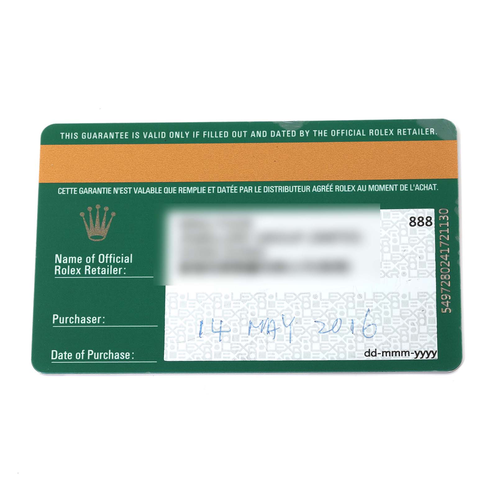 The image shows the warranty card for a Rolex Datejust, including retailer, purchaser, and purchase date details.