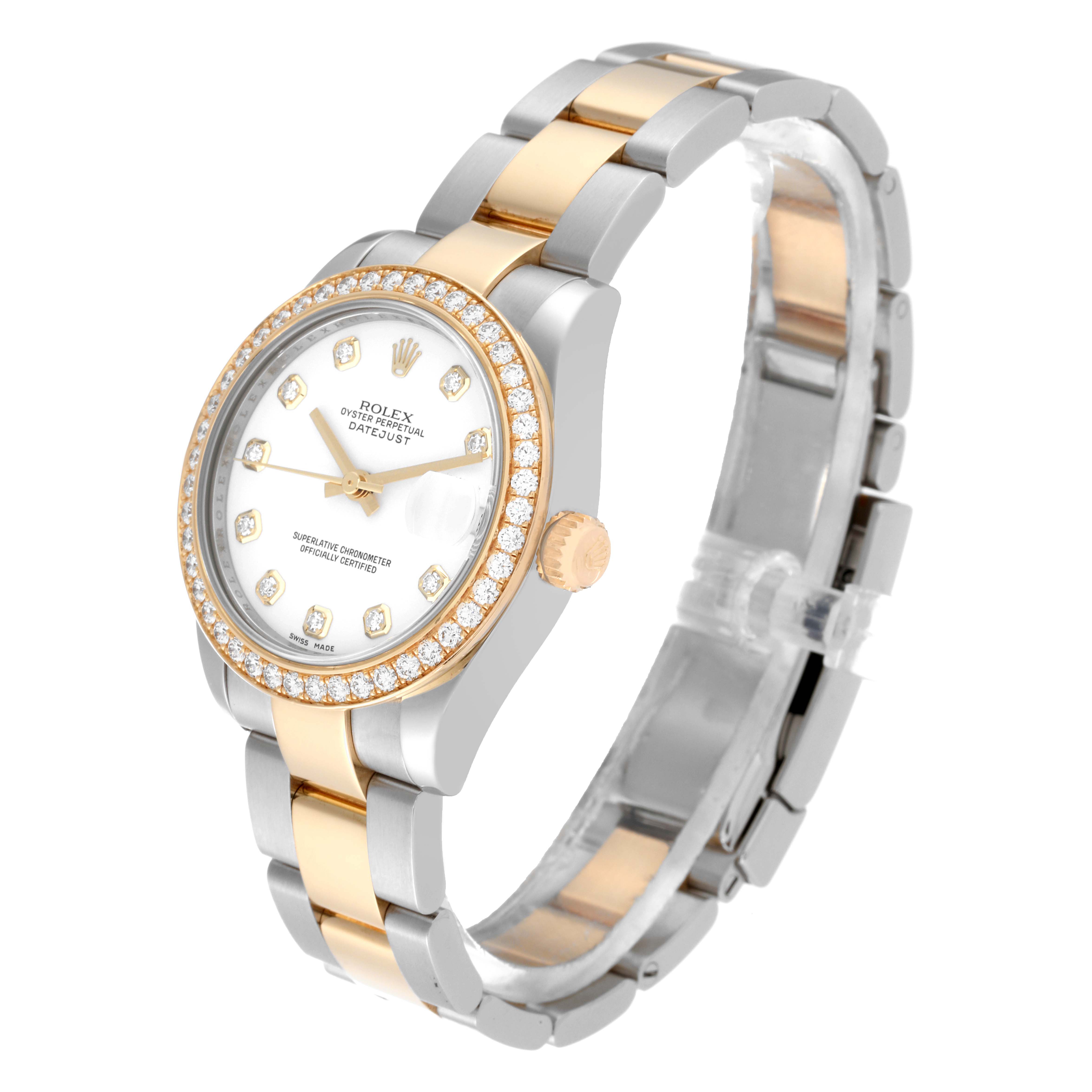 The image shows a side angle of the Rolex Datejust watch, highlighting its two-tone bracelet and diamond-studded bezel.