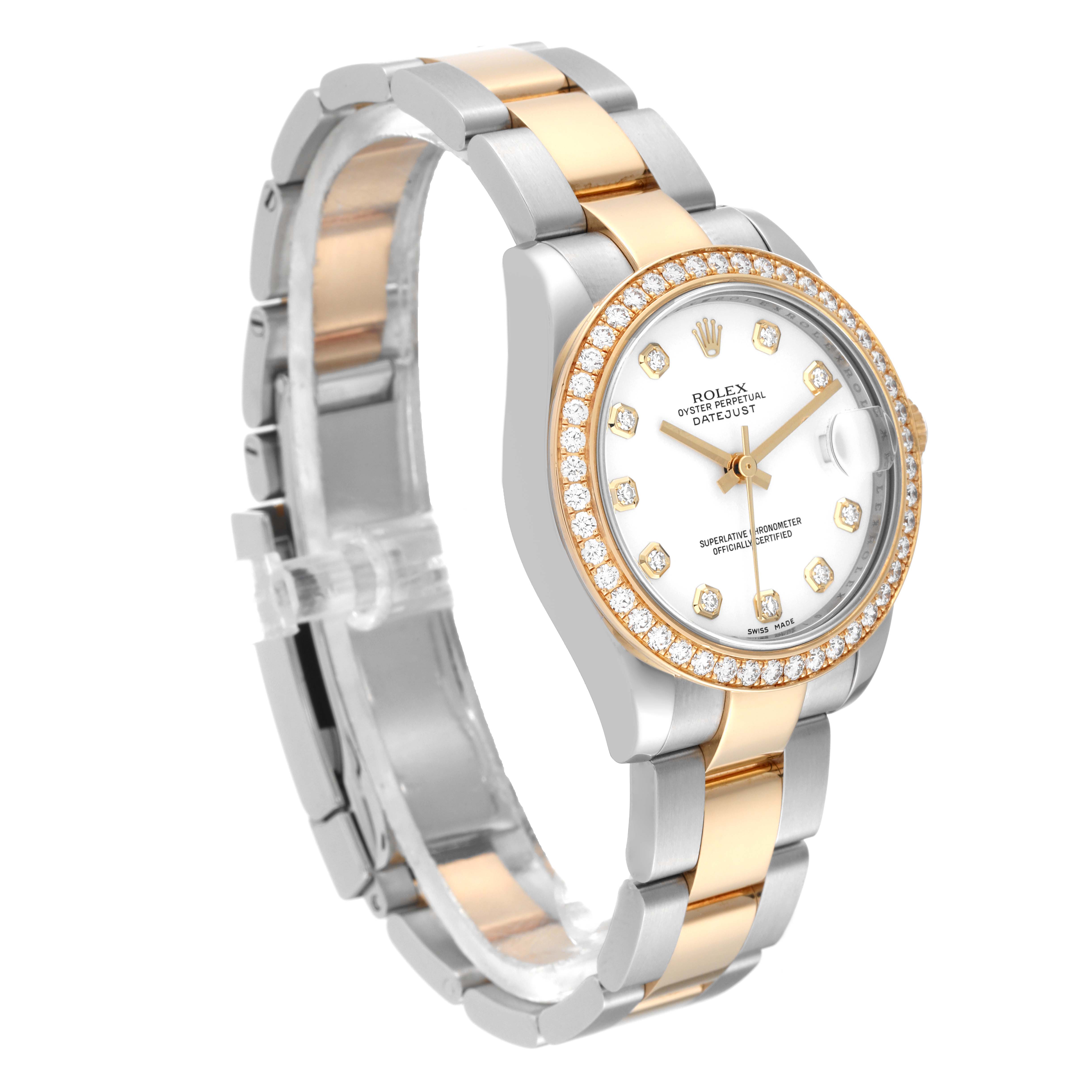 The Rolex Datejust watch is shown at an angled side view, highlighting the two-tone bracelet, diamond bezel, and white dial with diamond markers.