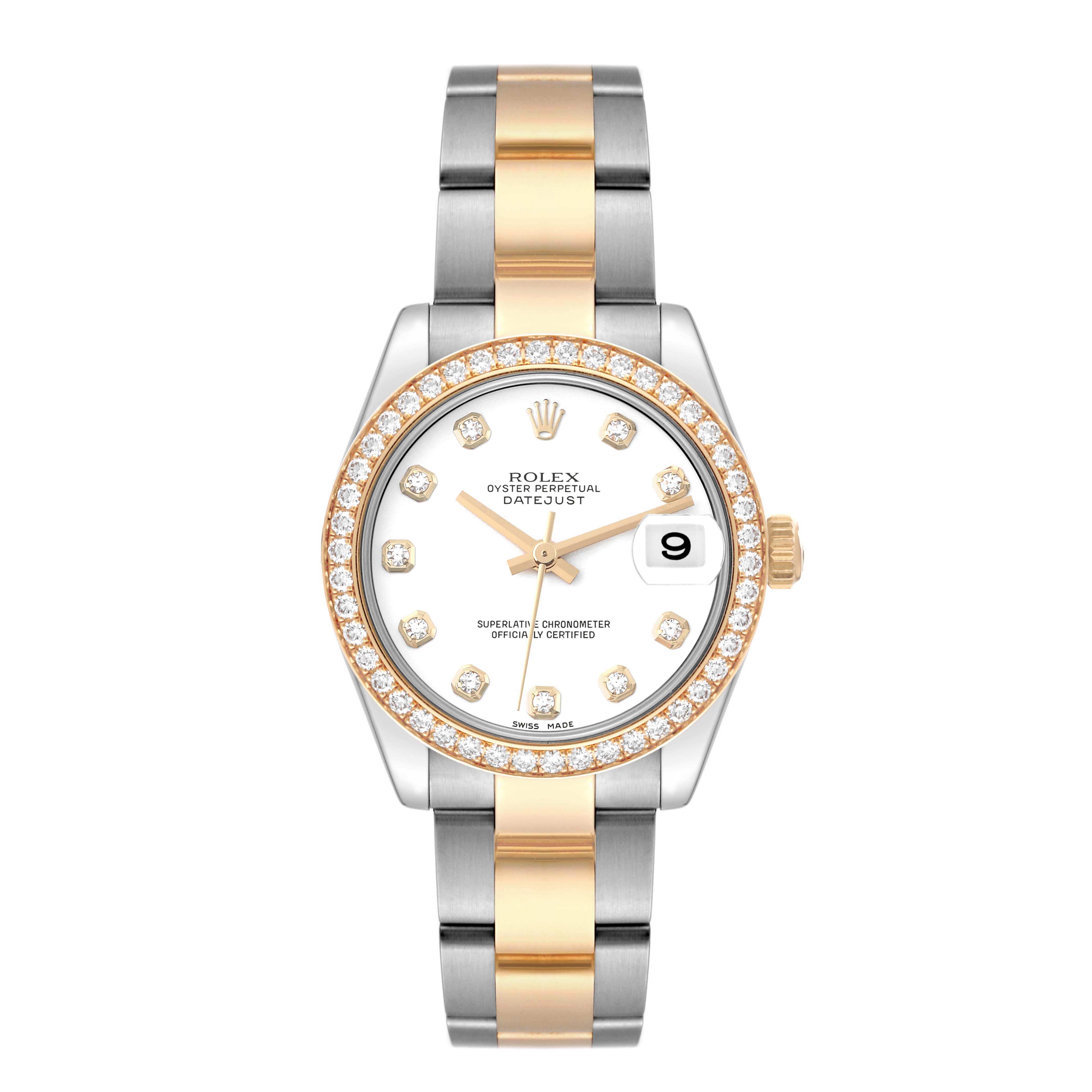 This Rolex Mid-Size 178383 Women's Steel and Gold (two tone) White Dial 178383 Women's Steel and Gold (two tone) White Dial Datejust watch is shown from the front, displaying the dial, bezel, hands, strap, and date window.
