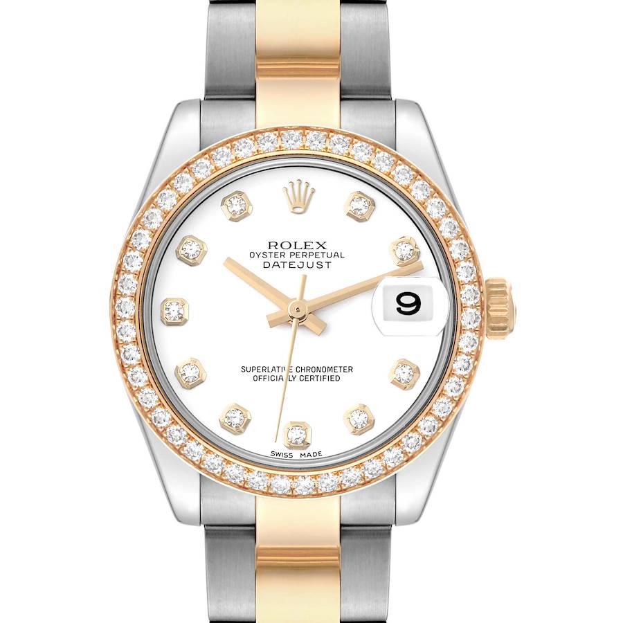 The Mid-Size Rolex Datejust is shown from a front angle, displaying its dial, bracelet, date window, and diamond-studded bezel.