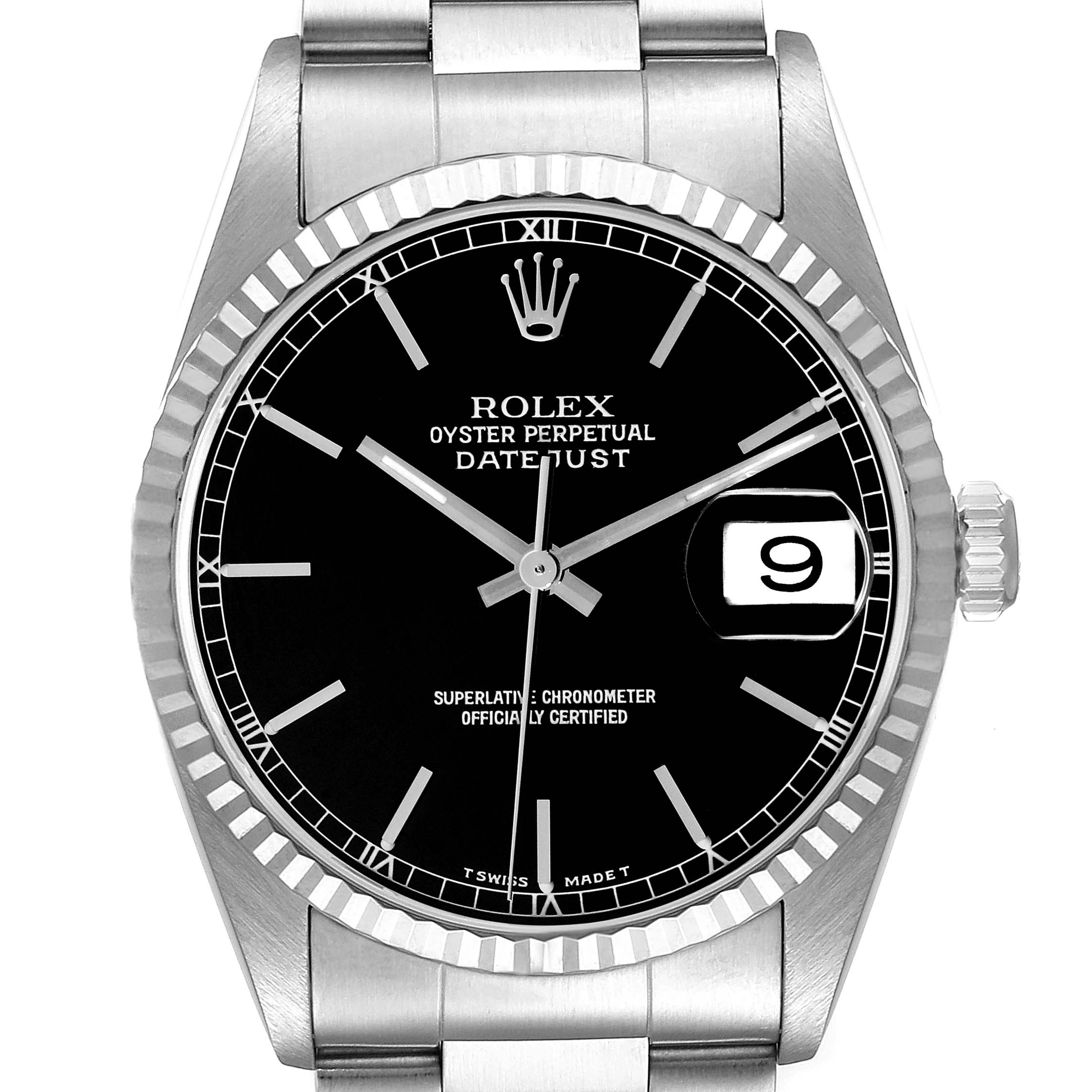 This is a close-up of the Rolex Datejust 16234 Men's Stainless Steel Black Dial 16234 Men's Stainless Steel Black Dial watch, featuring the dial, bezel, crown, and part of the bracelet.