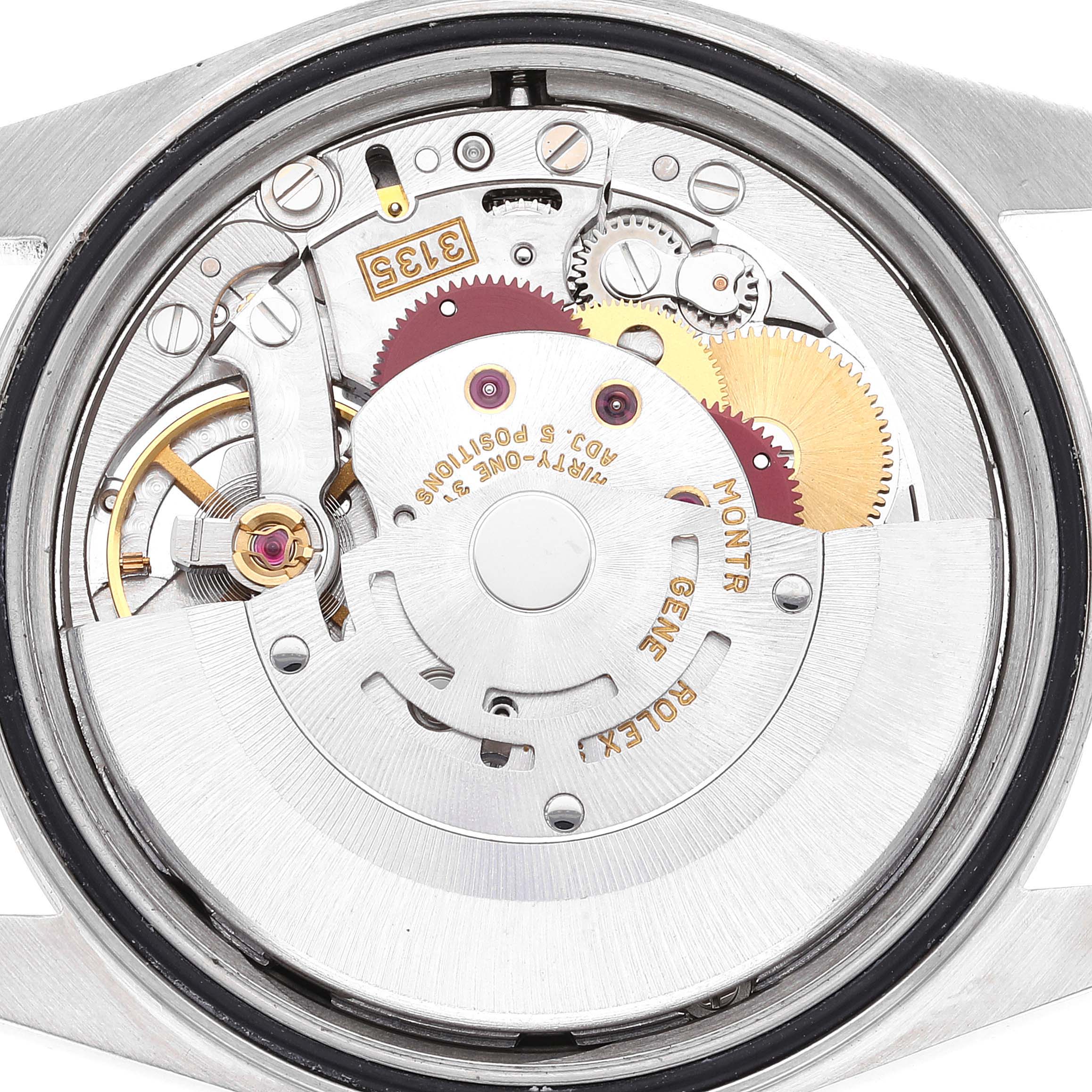 The image shows the internal mechanism and movement of a Rolex Datejust 16234 Men's Stainless Steel Black Dial 16234 Men's Stainless Steel Black Dial watch from a top-down angle.