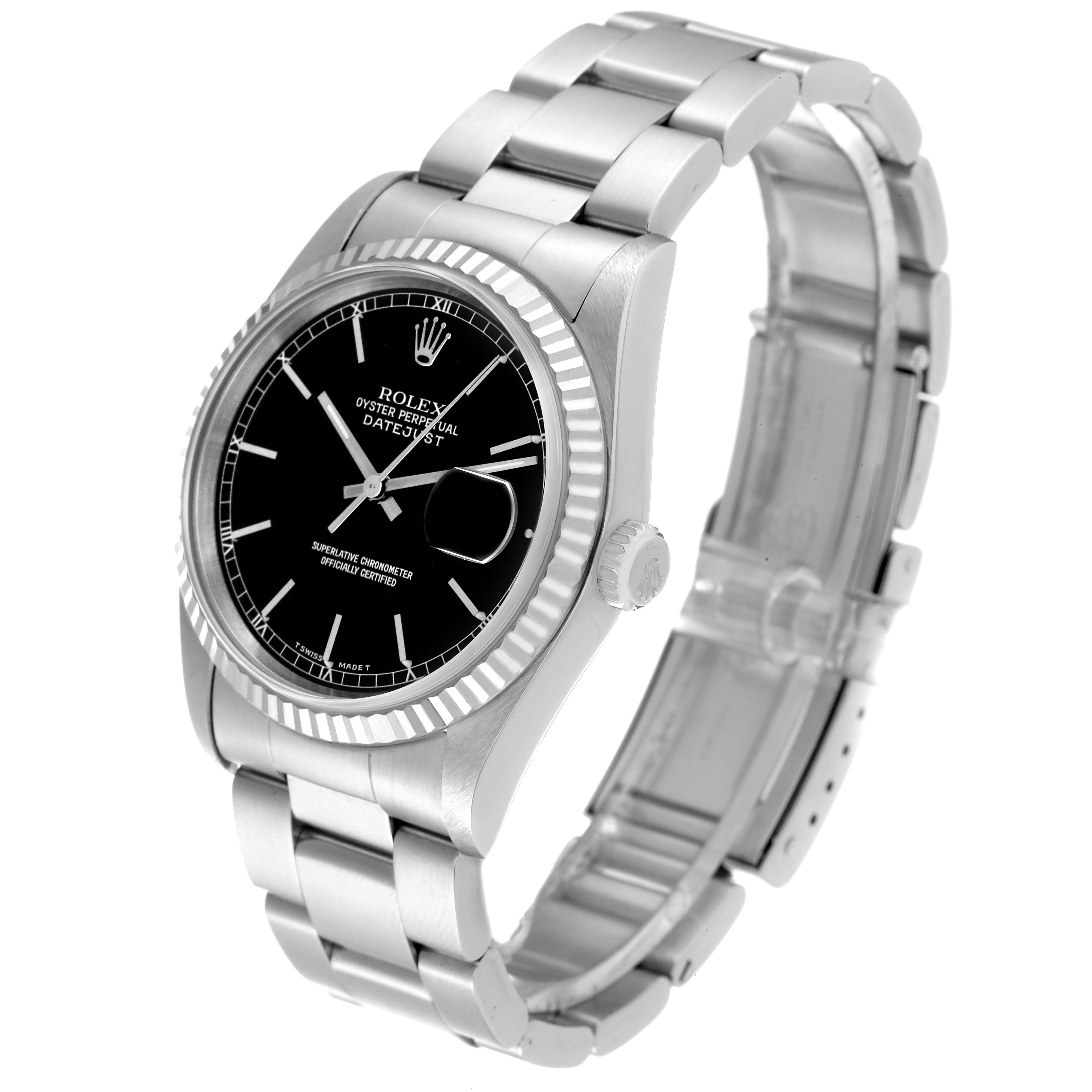 The image shows a Rolex Datejust 16234 Men's Stainless Steel Black Dial 16234 Men's Stainless Steel Black Dial watch from a side angle, highlighting the black dial, fluted bezel, bracelet, and crown.