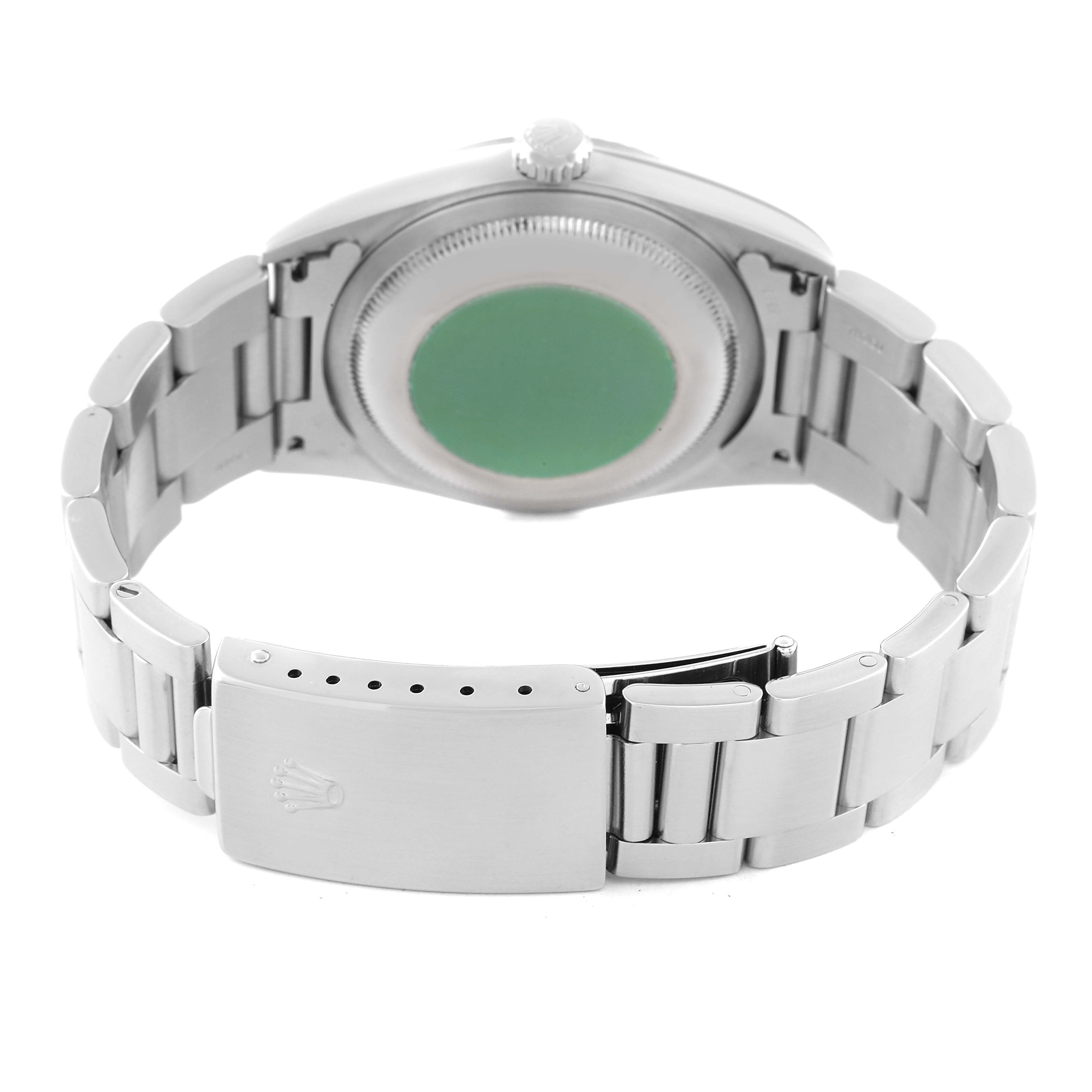 This image shows the back view of a Rolex Datejust 16234 Men's Stainless Steel Black Dial 16234 Men's Stainless Steel Black Dial watch, featuring its case, case back, and Oyster bracelet with a folding clasp.