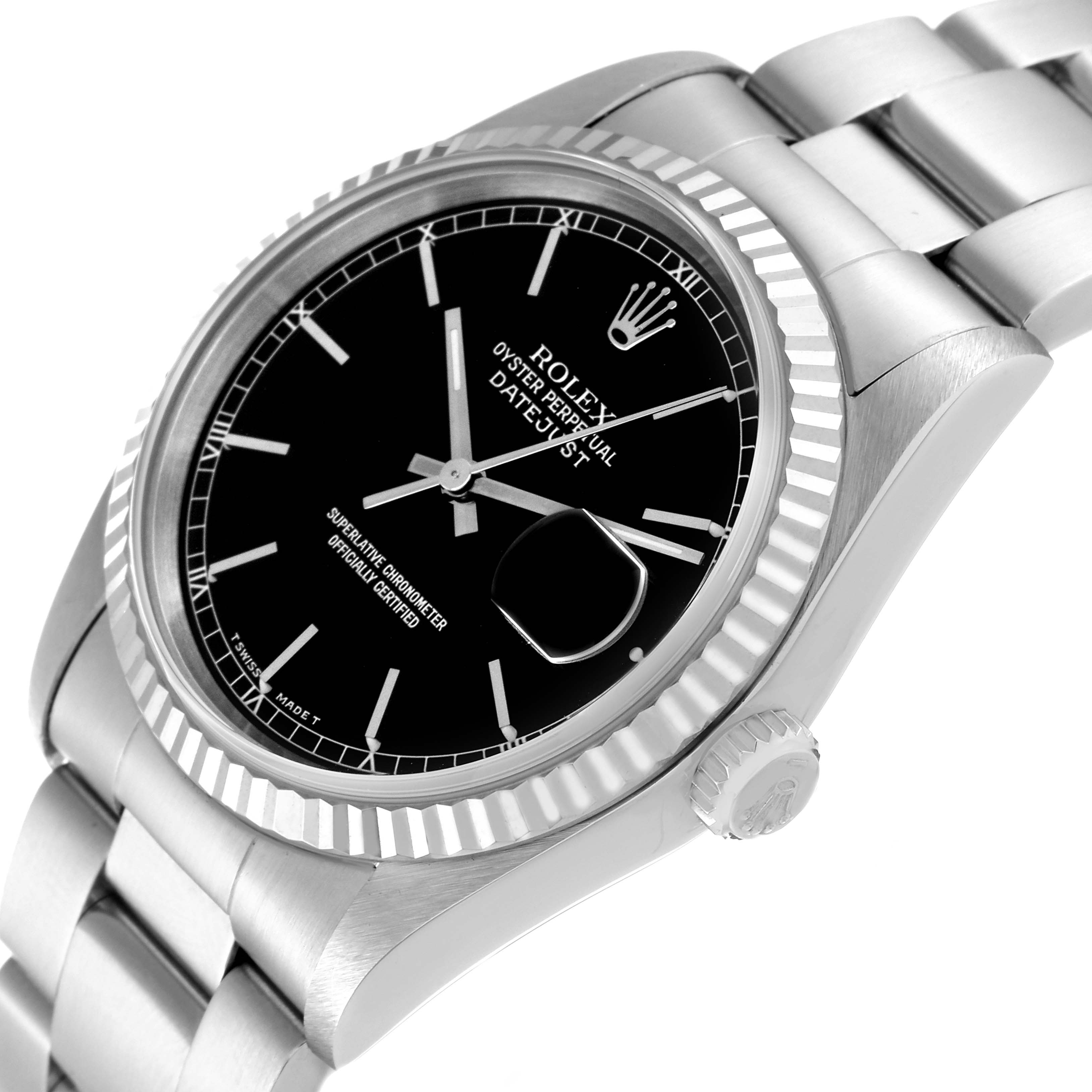 The image shows a close-up angle of the Rolex Datejust 16234 Men's Stainless Steel Black Dial 16234 Men's Stainless Steel Black Dial watch, featuring the dial, bezel, and bracelet.