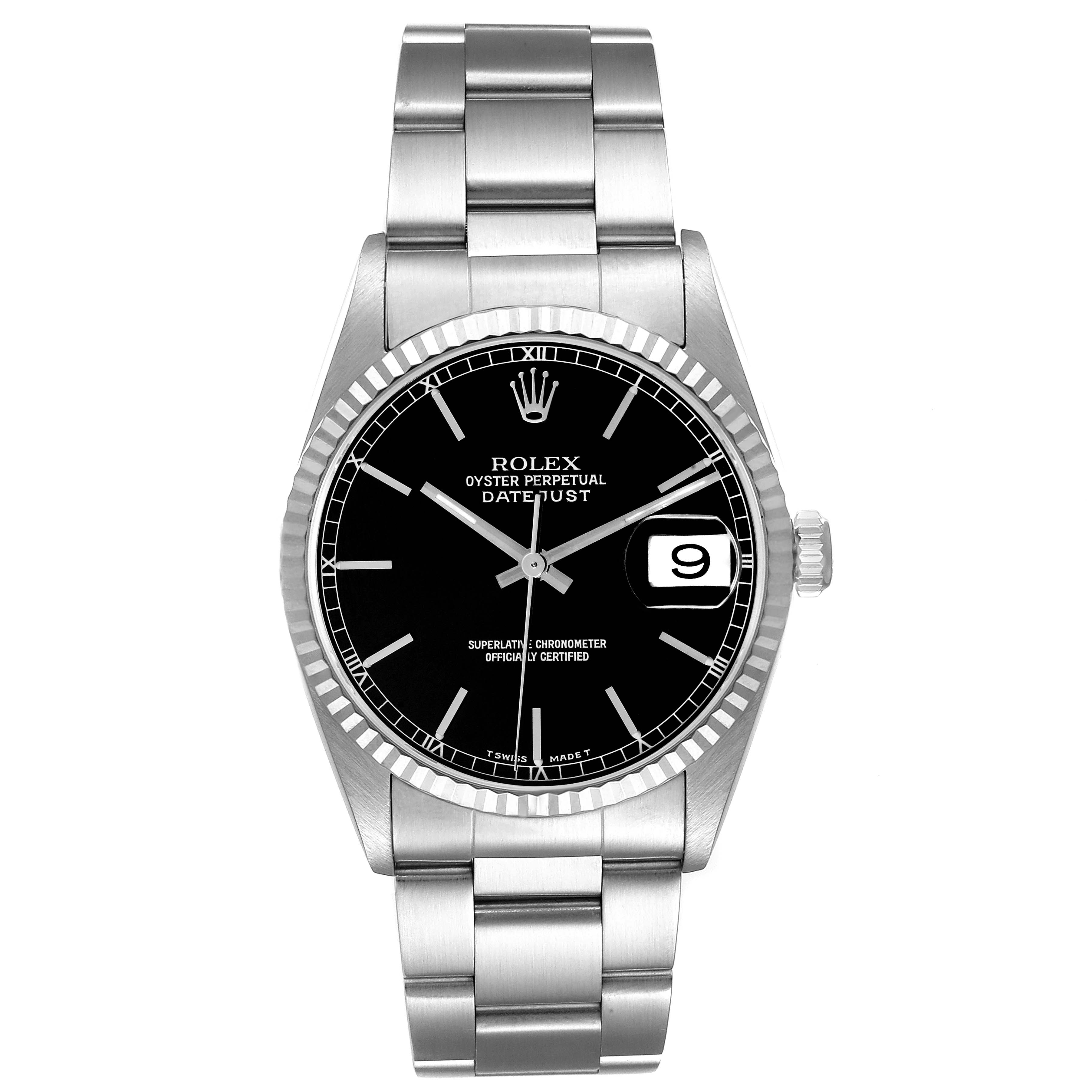 The image shows a Rolex Datejust 16234 Men's Stainless Steel Black Dial 16234 Men's Stainless Steel Black Dial watch from a front angle, displaying its face, bracelet, and the date window prominently.
