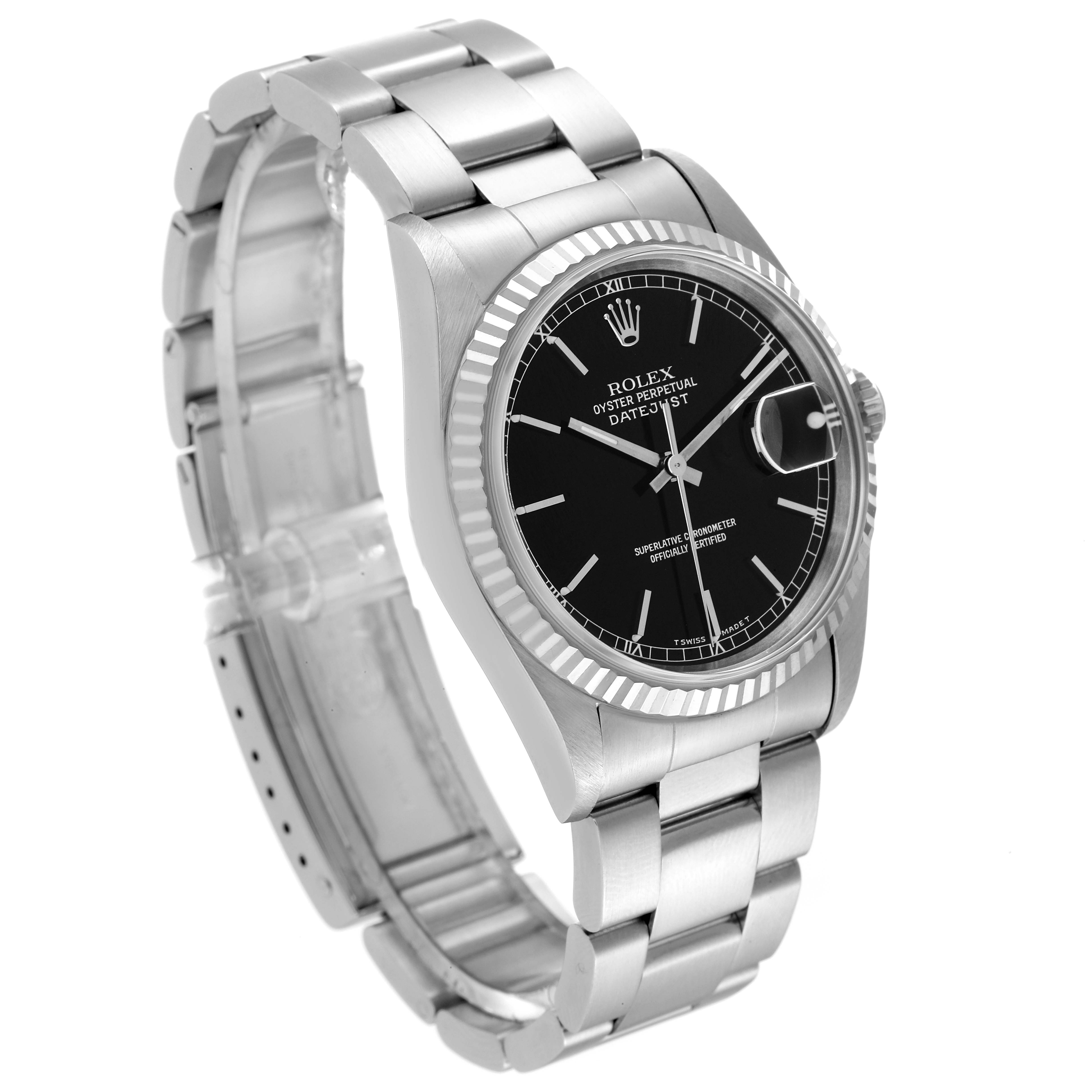 This Rolex Datejust 16234 Men's Stainless Steel Black Dial 16234 Men's Stainless Steel Black Dial watch is shown from a front-left angle, displaying its face, bezel, and bracelet.