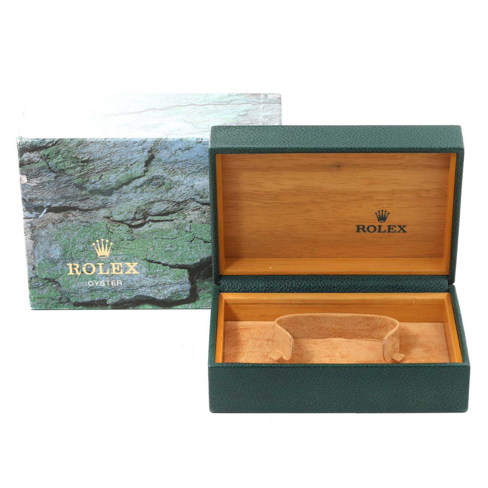 The image shows an open Rolex Datejust 16234 Men's Stainless Steel Black Dial 16234 Men's Stainless Steel Black Dial watch box with its exterior cardboard packaging and interior wood and suede lining.