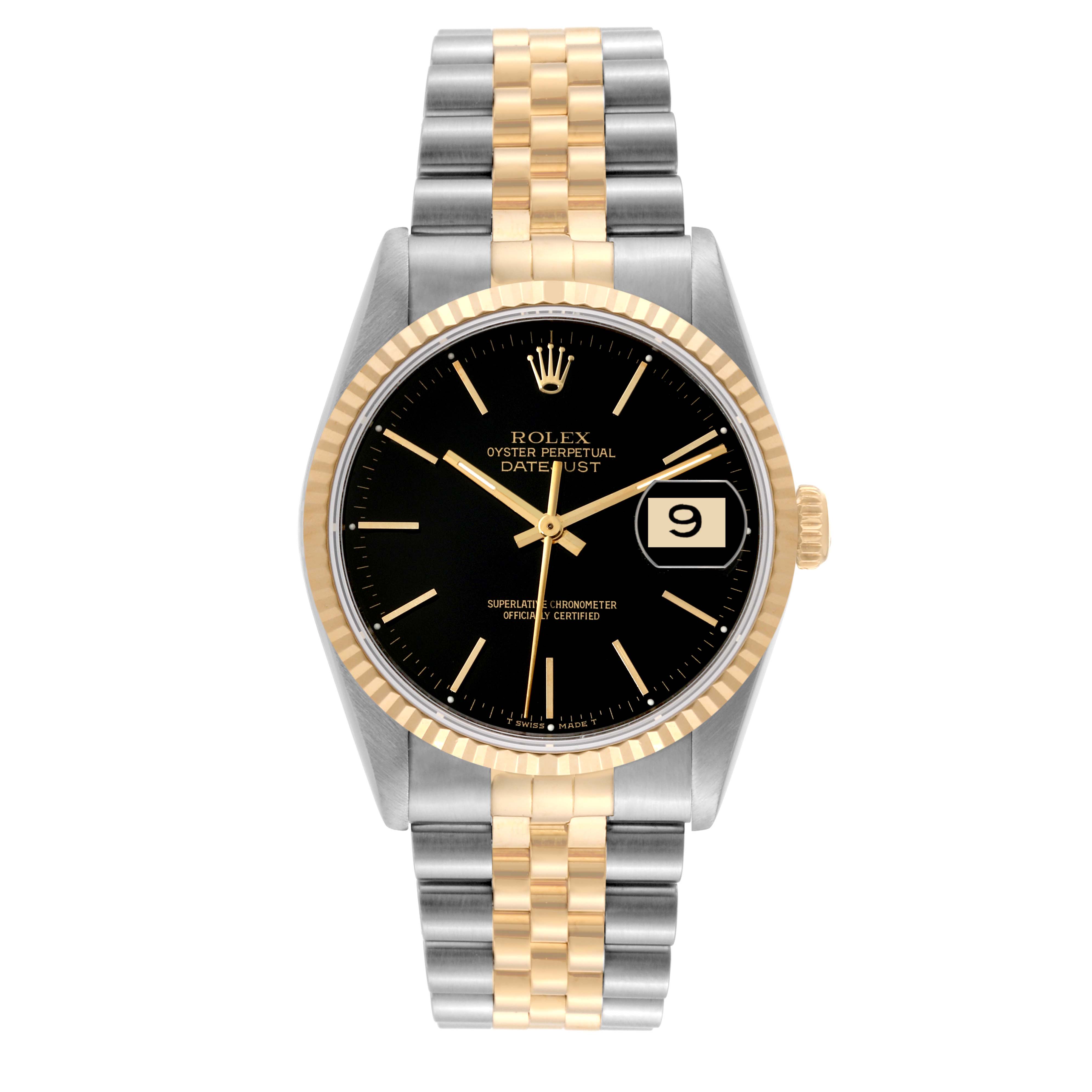 The image shows a frontal view of the Rolex Datejust 16233 Men's Steel and Gold (two tone) Black Dial 16233 Men's Steel and Gold (two tone) Black Dial, showcasing its black dial, fluted bezel, and two-tone Jubilee bracelet.