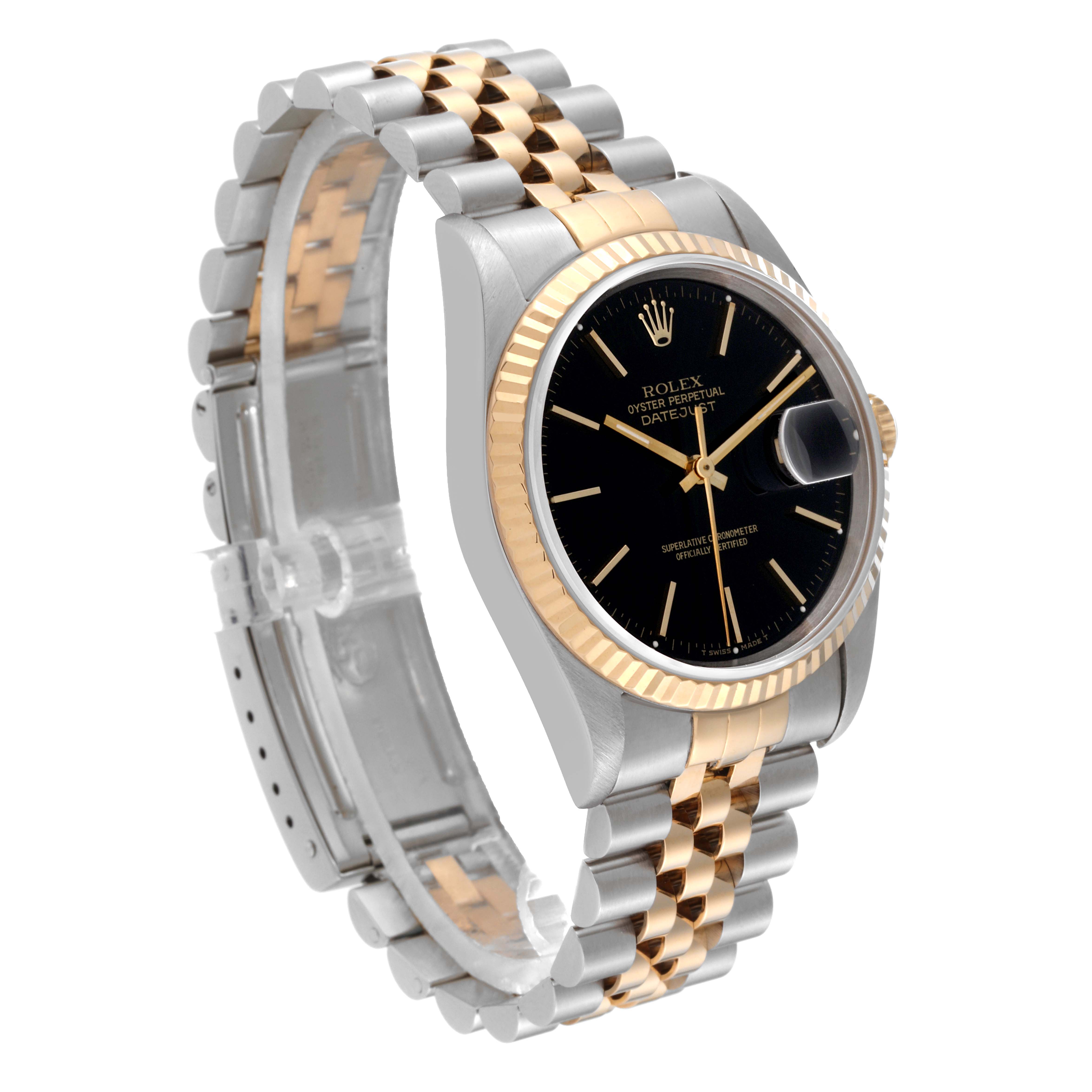 The image shows a side view of the Rolex Datejust 16233 Men's Steel and Gold (two tone) Black Dial 16233 Men's Steel and Gold (two tone) Black Dial watch, highlighting its black dial, gold fluted bezel, and two-tone bracelet.
