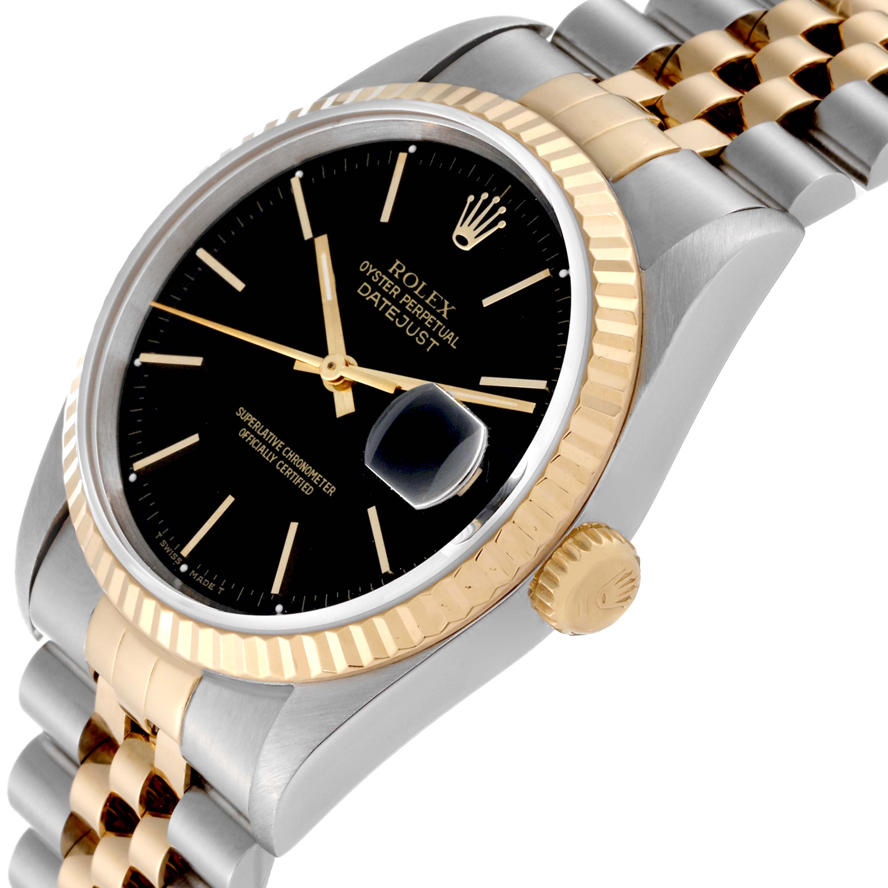 This image shows a close-up of the Rolex Datejust 16233 Men's Steel and Gold (two tone) Black Dial 16233 Men's Steel and Gold (two tone) Black Dial watch face, bezel, crown, and a part of its two-tone bracelet at an angled view.