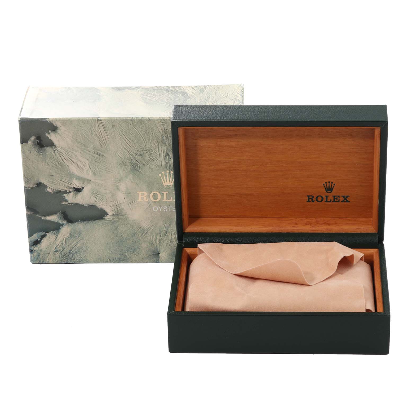 The image shows an open Rolex Datejust 16233 Men's Steel and Gold (two tone) Black Dial 16233 Men's Steel and Gold (two tone) Black Dial watch box and its outer packaging.