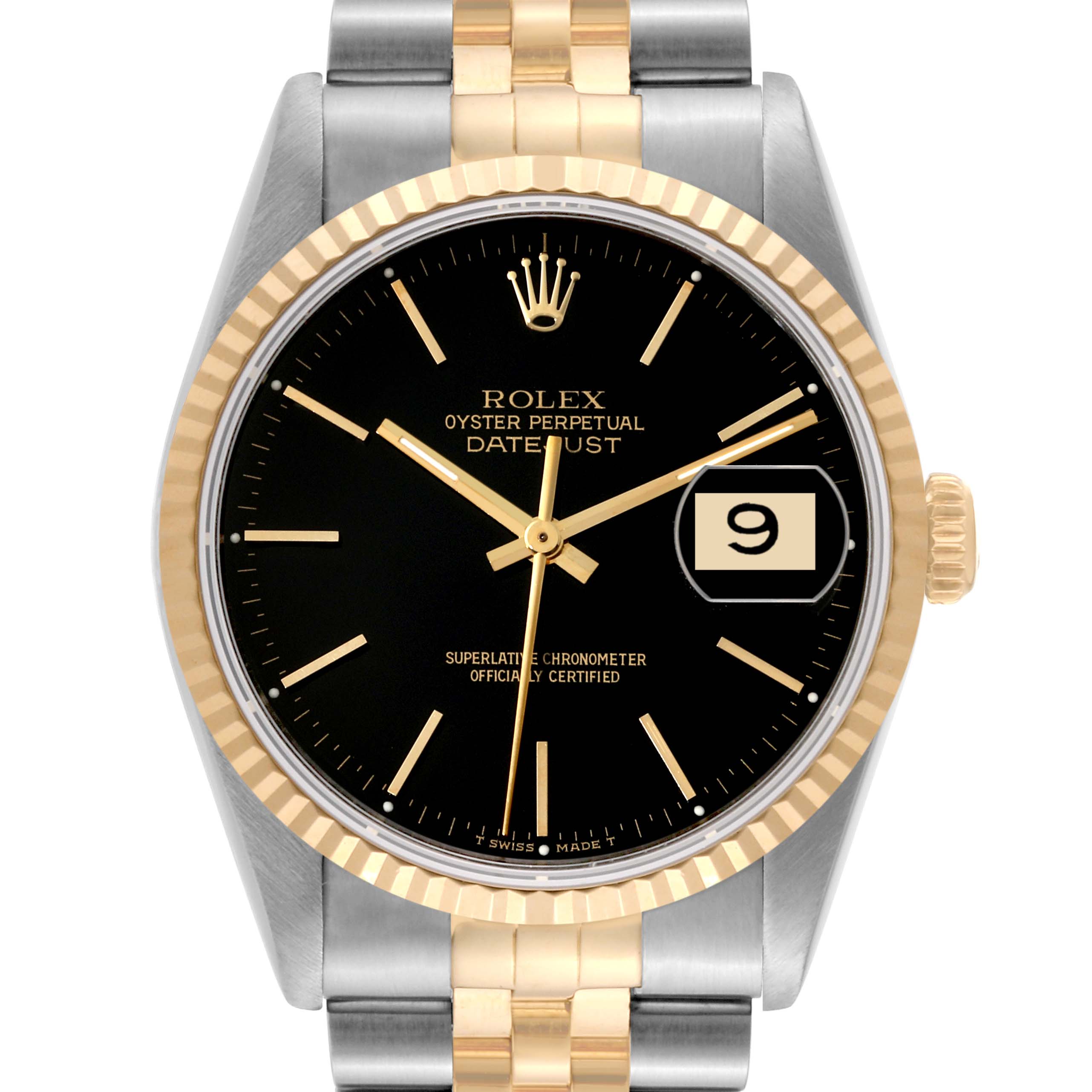 This image shows a Rolex Datejust 16233 Men's Steel and Gold (two tone) Black Dial 16233 Men's Steel and Gold (two tone) Black Dial watch from a front angle, highlighting the black dial, fluted bezel, and two-tone bracelet.