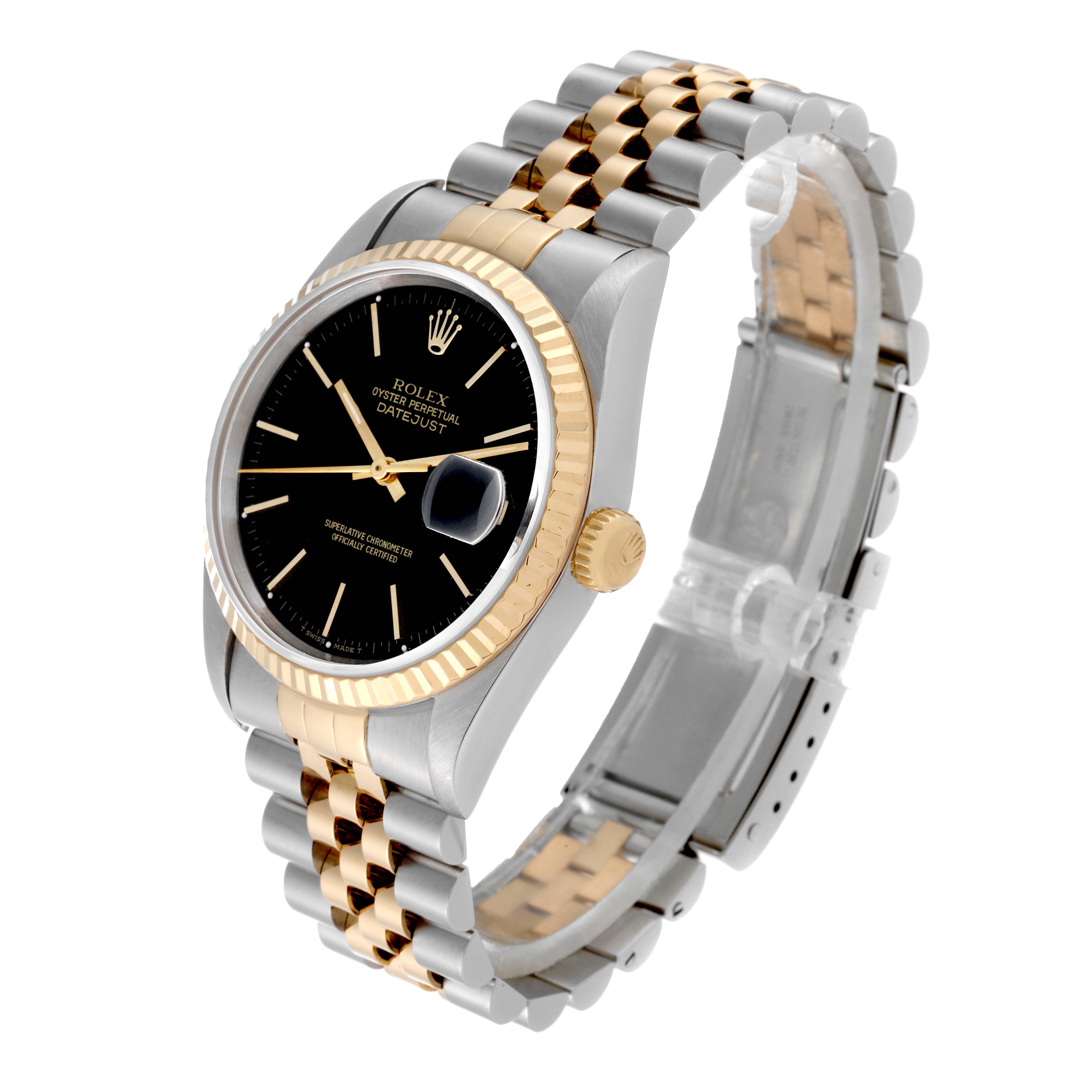 The image shows a Rolex Datejust 16233 Men's Steel and Gold (two tone) Black Dial 16233 Men's Steel and Gold (two tone) Black Dial watch at a three-quarter angle, highlighting the black dial, fluted bezel, and two-tone bracelet.