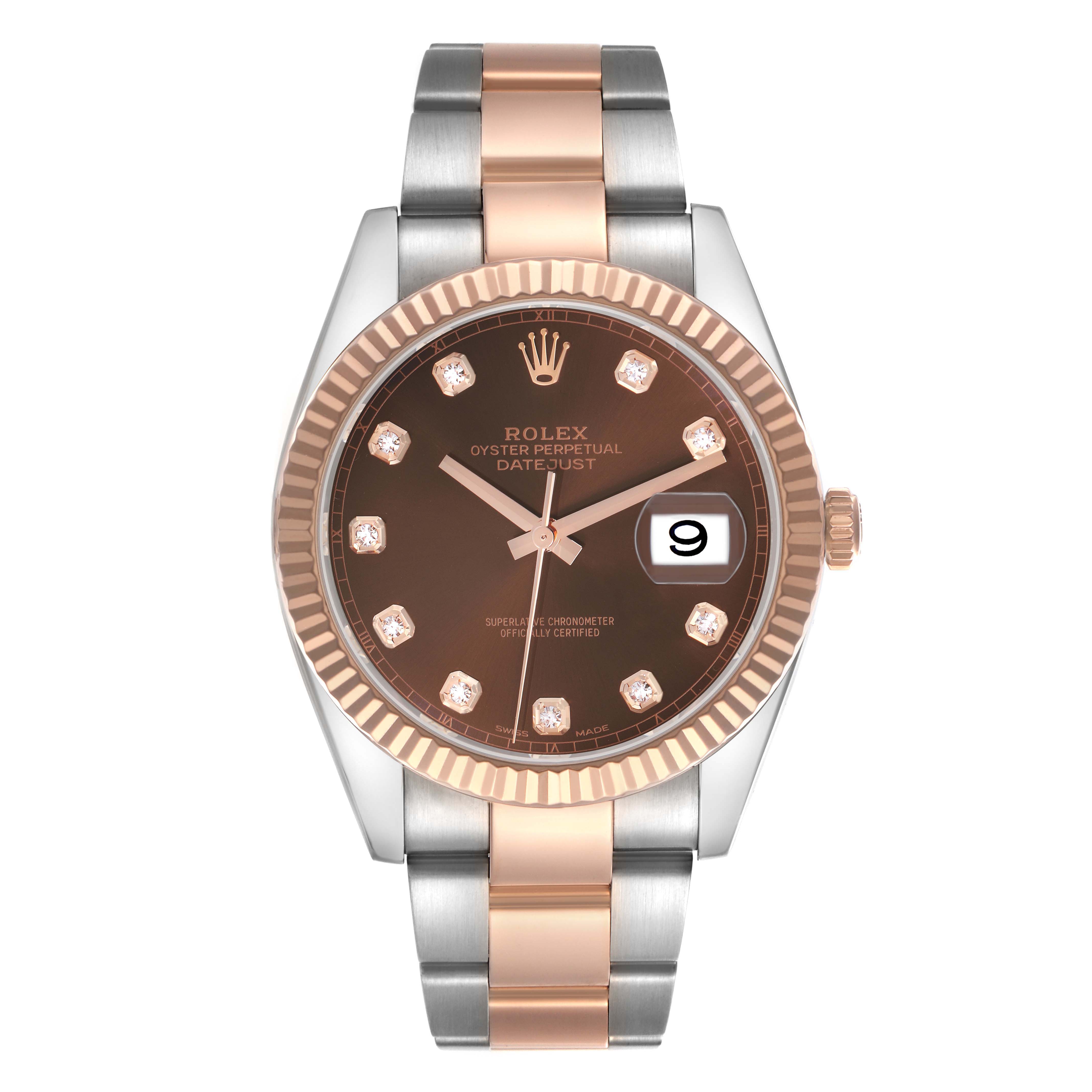 The Rolex Datejust 41 126331 Men
s Steel and Gold (two tone) Brown Dial 126331 Men
s Steel and Gold (two tone) Brown Dial is shown from a front angle, highlighting the face, bezel, hands, markers, and bracelet.