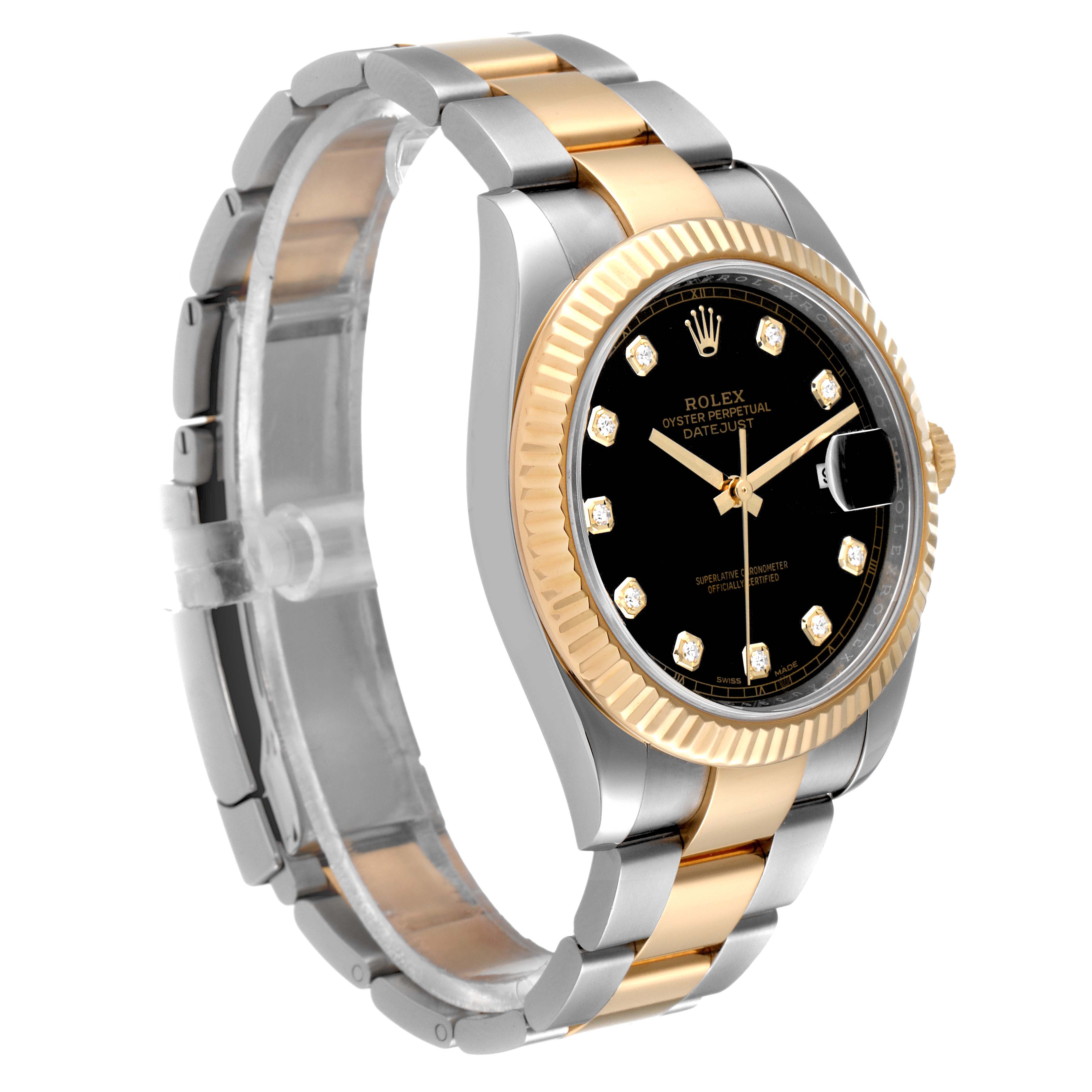 This image shows a side-angle view of a Rolex Datejust 41 126333 Men's Steel and Gold (two tone) Black Dial 126333 Men's Steel and Gold (two tone) Black Dial watch, highlighting its two-tone bracelet and black dial with diamond hour markers.
