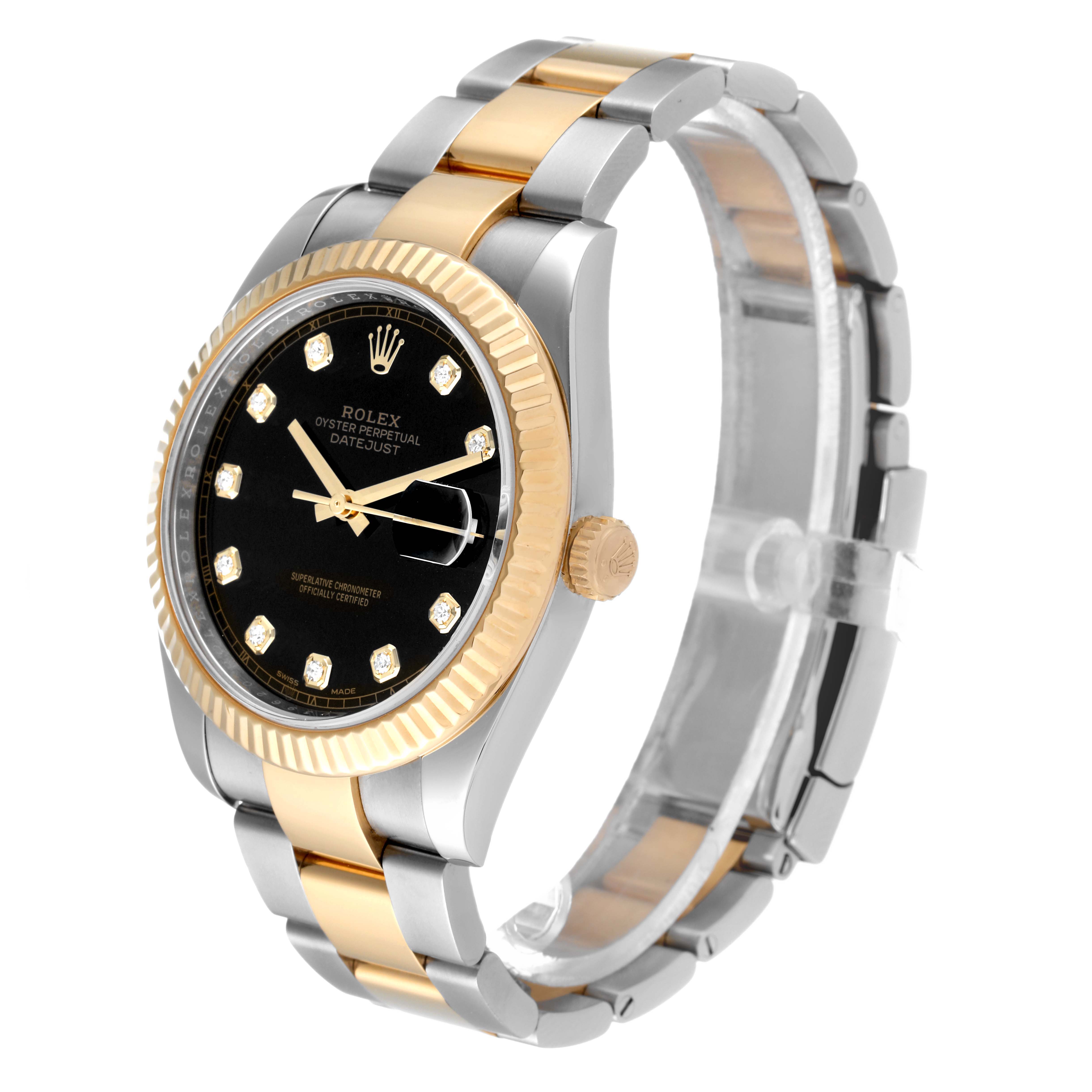 The Rolex Datejust 41 126333 Men's Steel and Gold (two tone) Black Dial 126333 Men's Steel and Gold (two tone) Black Dial watch is shown at an angle displaying its face, bezel, and two-tone bracelet.