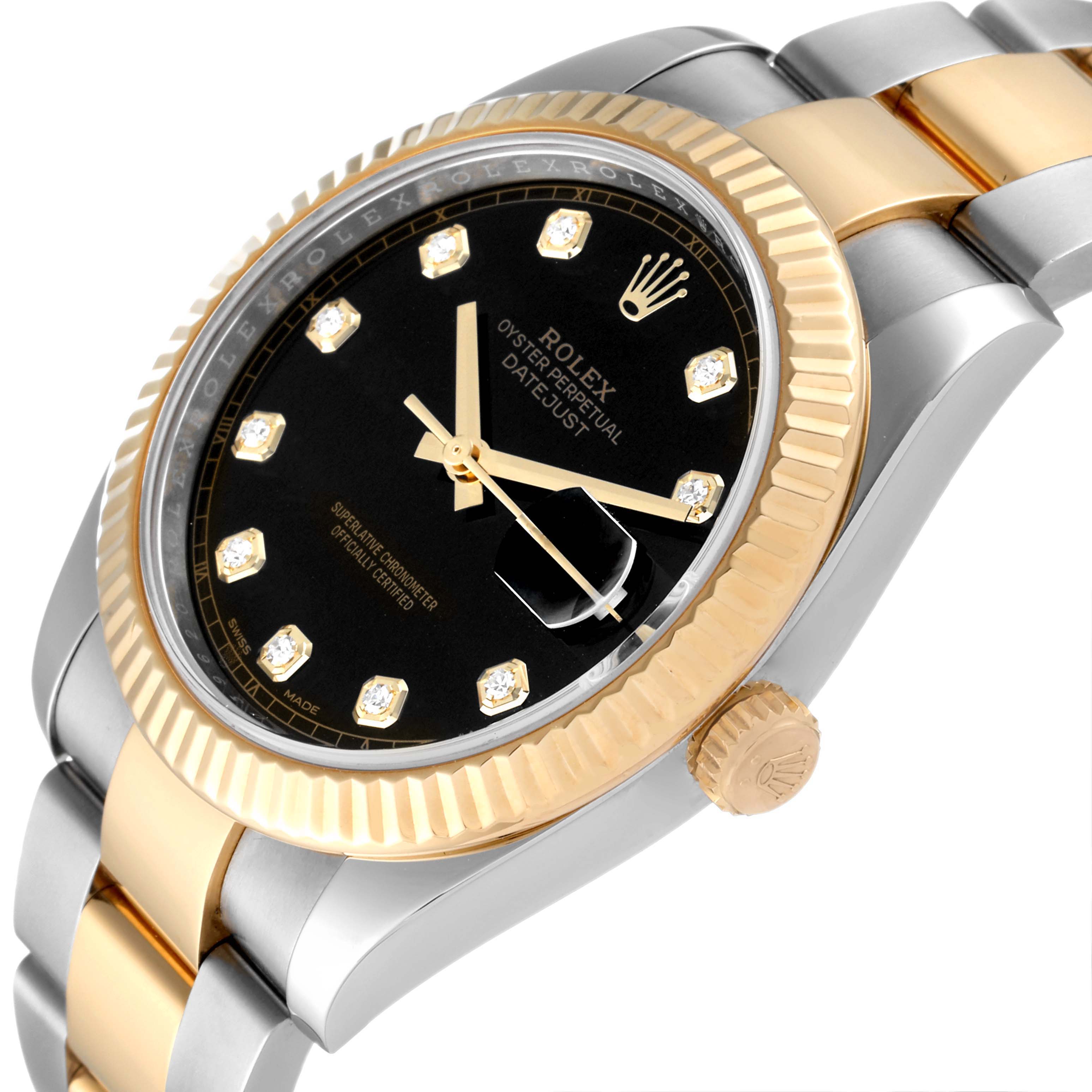 The image shows the Rolex Datejust 41 126333 Men's Steel and Gold (two tone) Black Dial 126333 Men's Steel and Gold (two tone) Black Dial model at a slight angle, highlighting the black dial, gold fluted bezel, and two-tone bracelet.