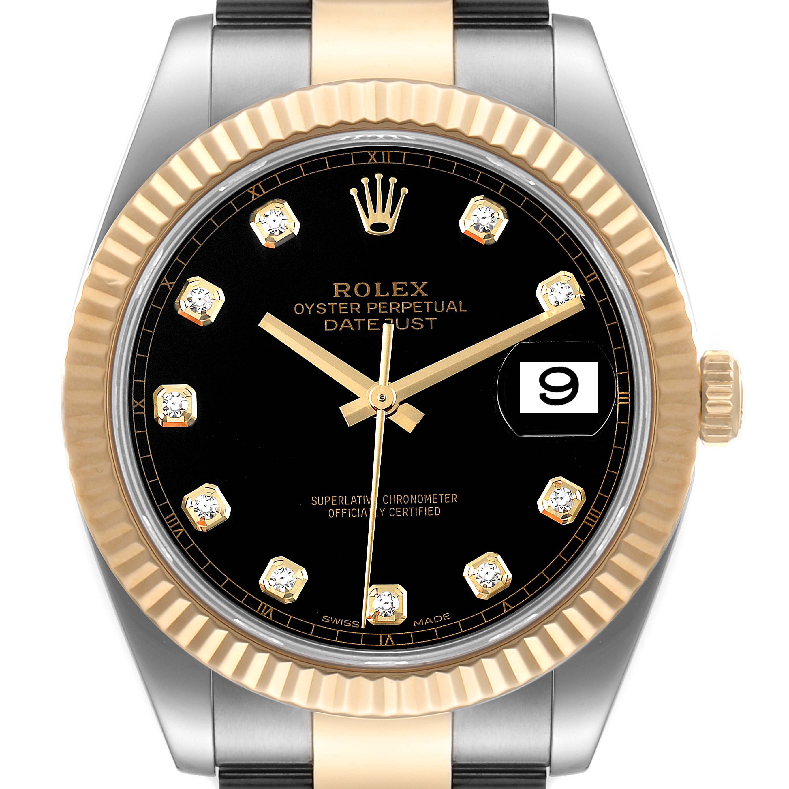 The image shows a close-up front view of the Rolex Datejust 41 126333 Men's Steel and Gold (two tone) Black Dial 126333 Men's Steel and Gold (two tone) Black Dial model, highlighting its black dial, date window, and gold accents.