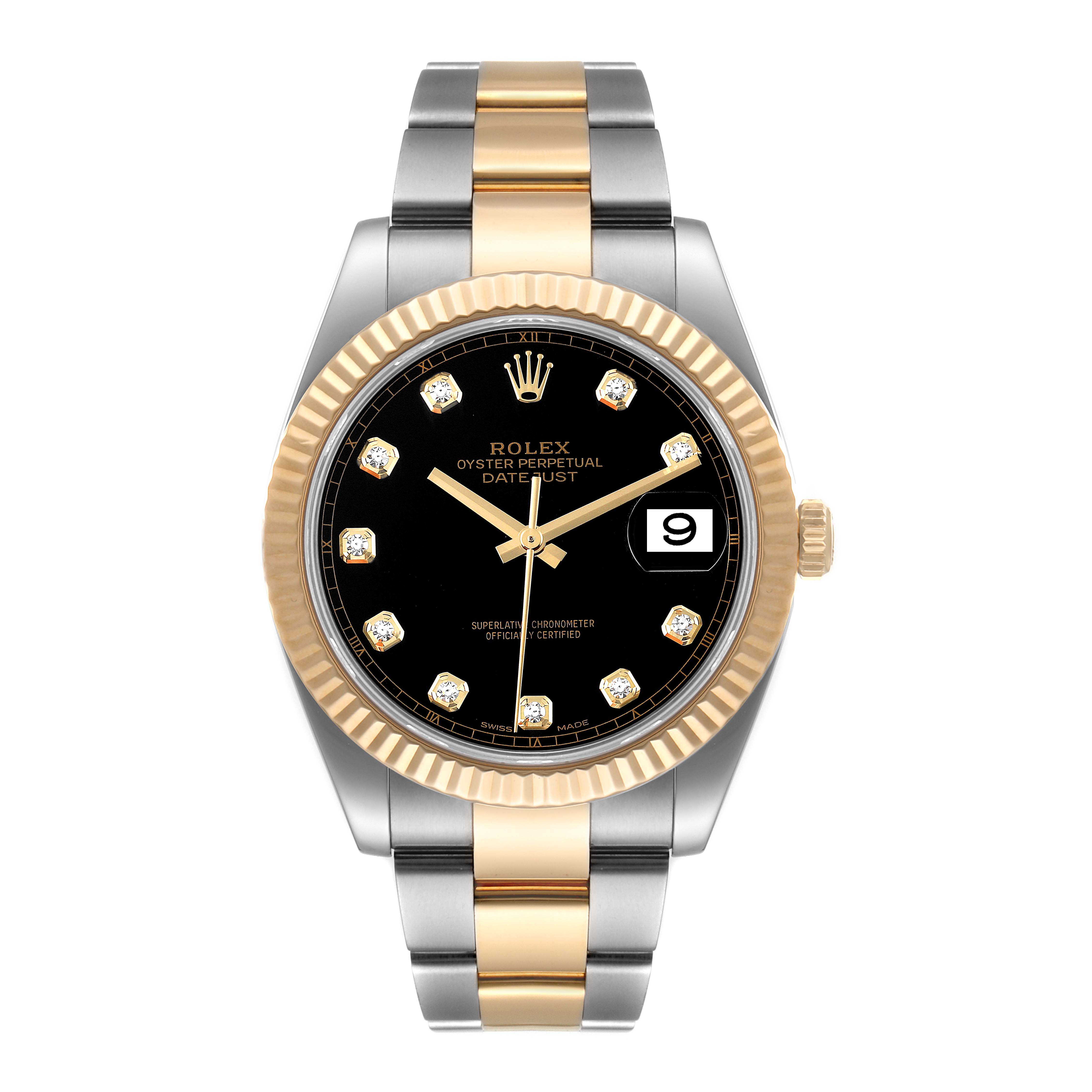 This image shows the front view of the Rolex Datejust 41 126333 Men's Steel and Gold (two tone) Black Dial 126333 Men's Steel and Gold (two tone) Black Dial, highlighting its black dial, gold bezel, and two-tone bracelet.