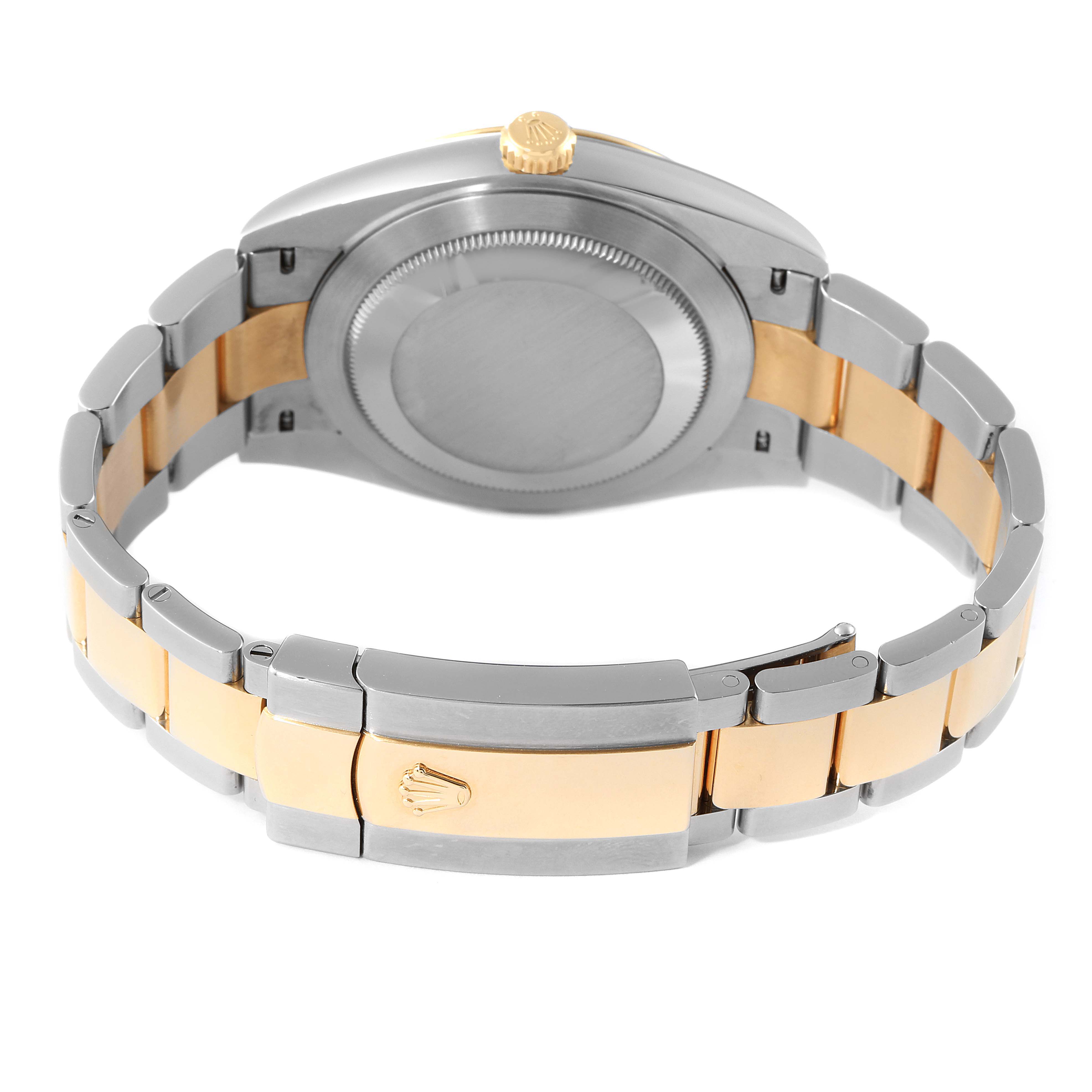 The image shows the back and bracelet of a Rolex Datejust 41 126333 Men's Steel and Gold (two tone) Black Dial 126333 Men's Steel and Gold (two tone) Black Dial, highlighting the case, Oystersteel, and yellow gold links with the clasp.